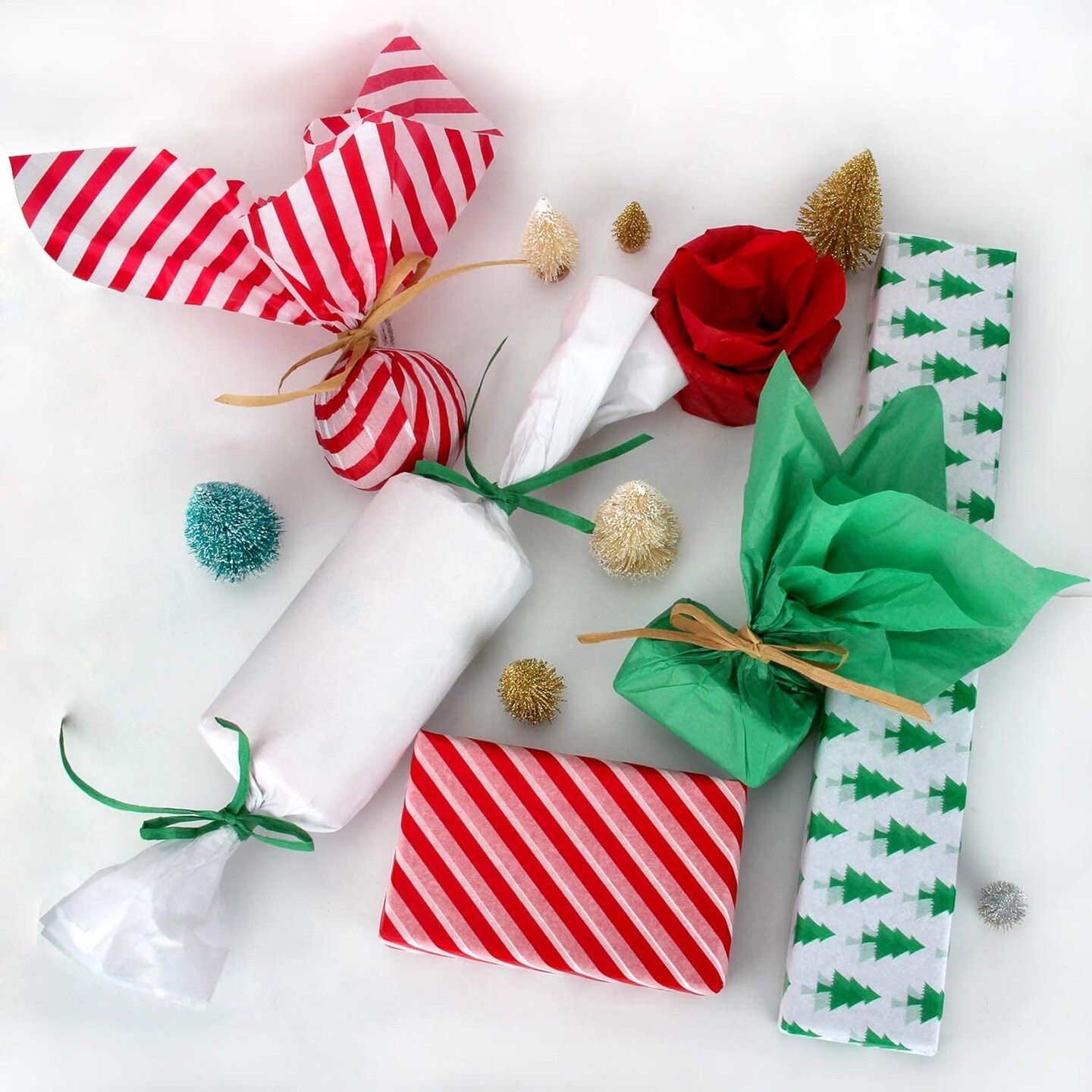Christmas Tissue Paper Gift Wrapping Paper, 120 Sheets, 13.5&#x22; X 19.5&#x22;, White, Red, Green, Red Stripe, Christmas Trees Design