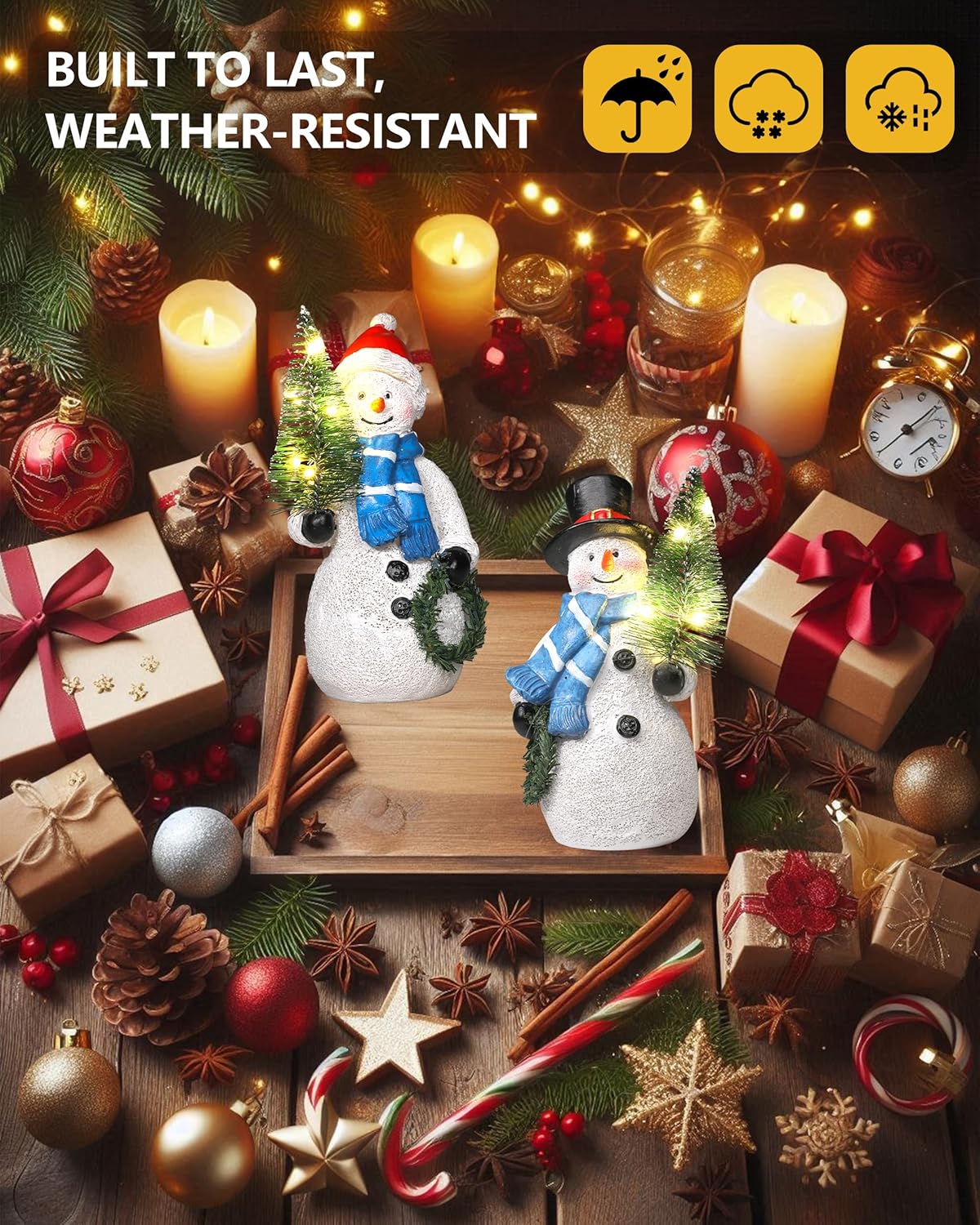 Resin Snowman Figurines with Lighted Christmas Tree Wreath