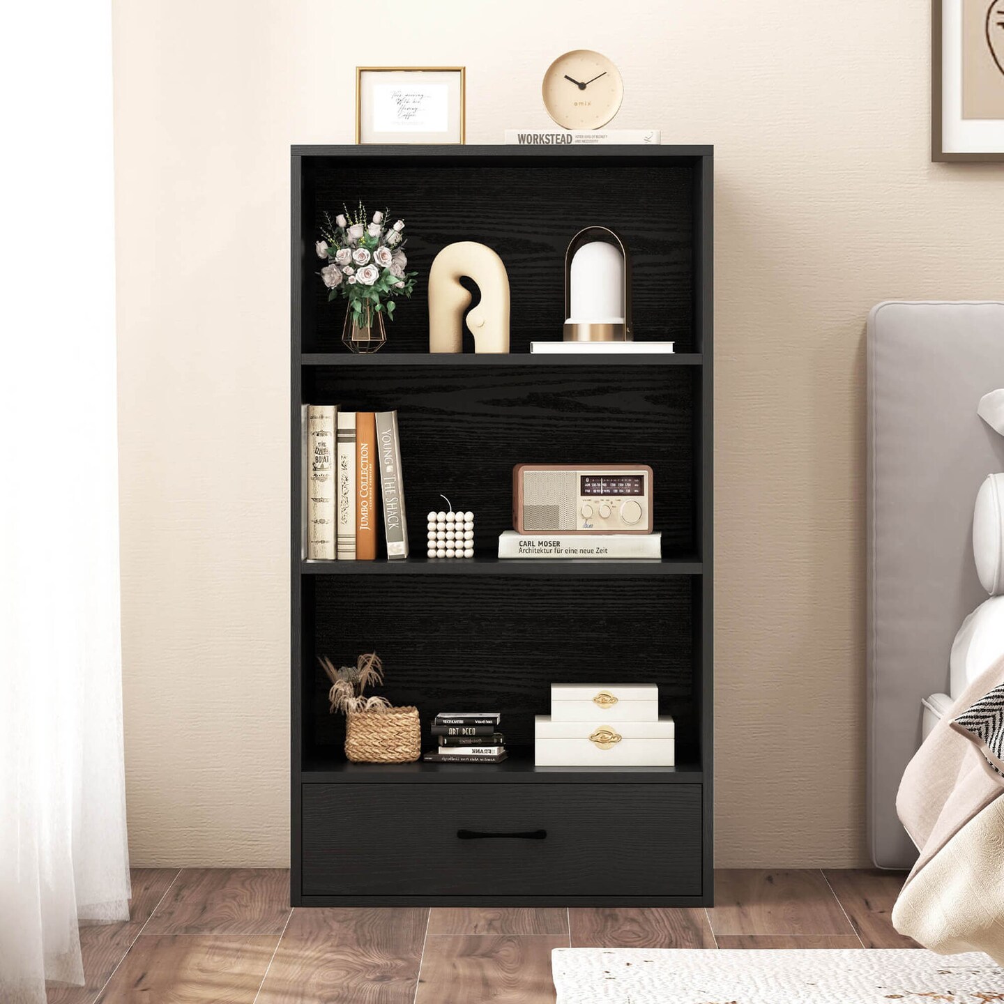 Costway 4-Tier Bookcase 48'' Display Bookshelf Storage Organizer with Shelves & Drawer Grey/White/Natural