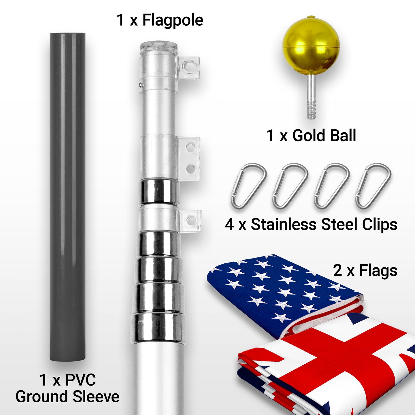 G128 Combo Pack: 25 Ft Telescoping Aluminum Flagpole (Silver) & American and United Kingdom Flags 3x5 Ft, Both ToughWeave Series Embroidered Polyester | Pole with Flags Included