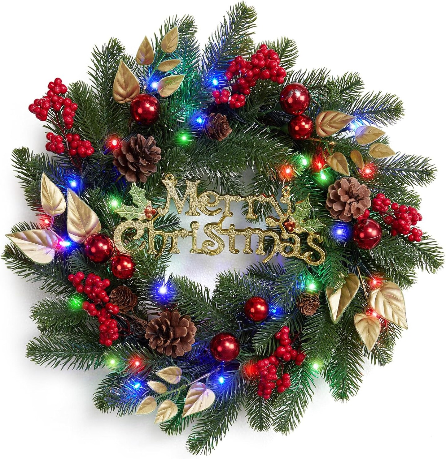 18 Inch Christmas Wreaths for Front Door, Lighted Outdoor Christmas Wreath with 40 LED Lights Timer Pine Cones for Window Fireplace Winter Xmas Decorations, Battery Operated
