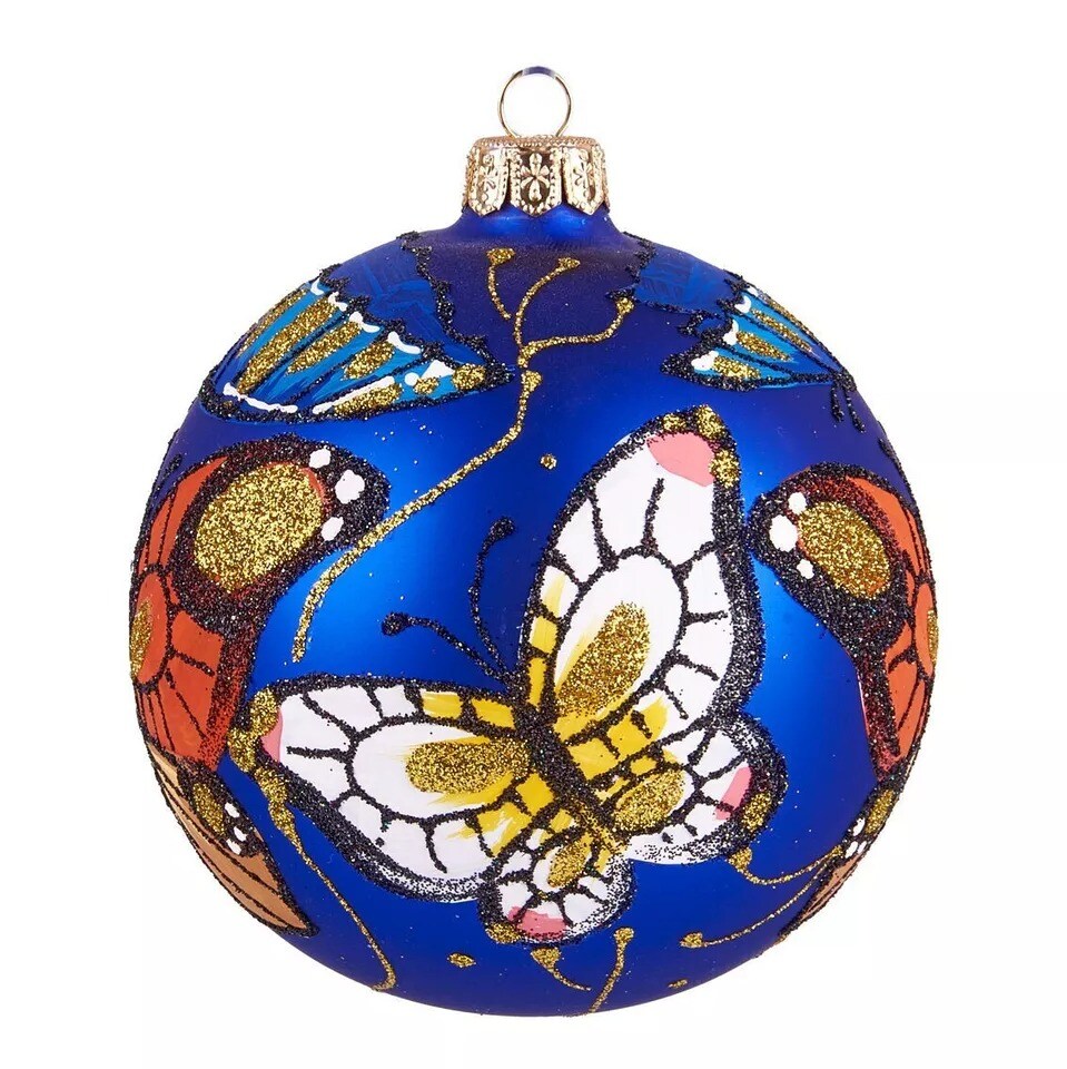 Firebird / Butterfly Ukrainian Christmas Glass Ball Ornament Set of 2 Baubles 4&#x22;
