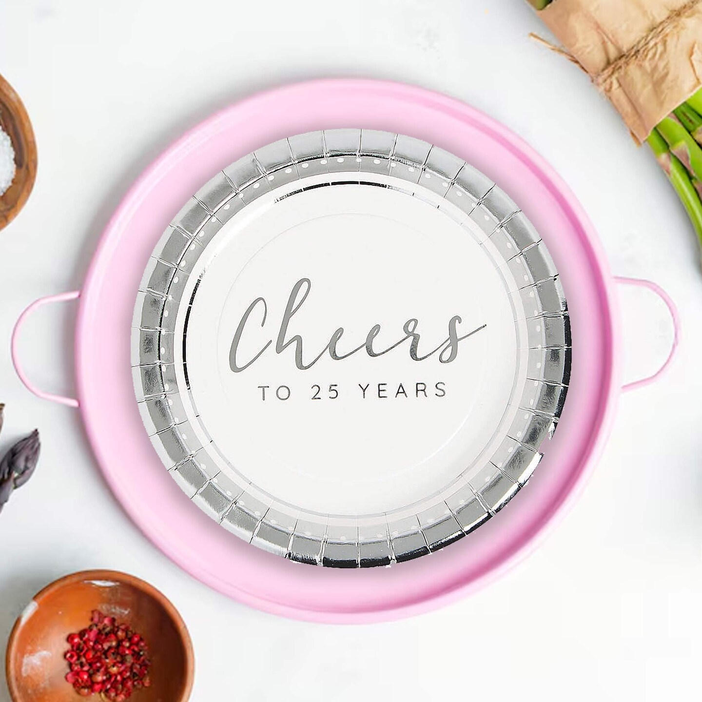 24 Ct Silver Anniversary Paper Dessert Plates 25th Party Supplies Elegant 7"