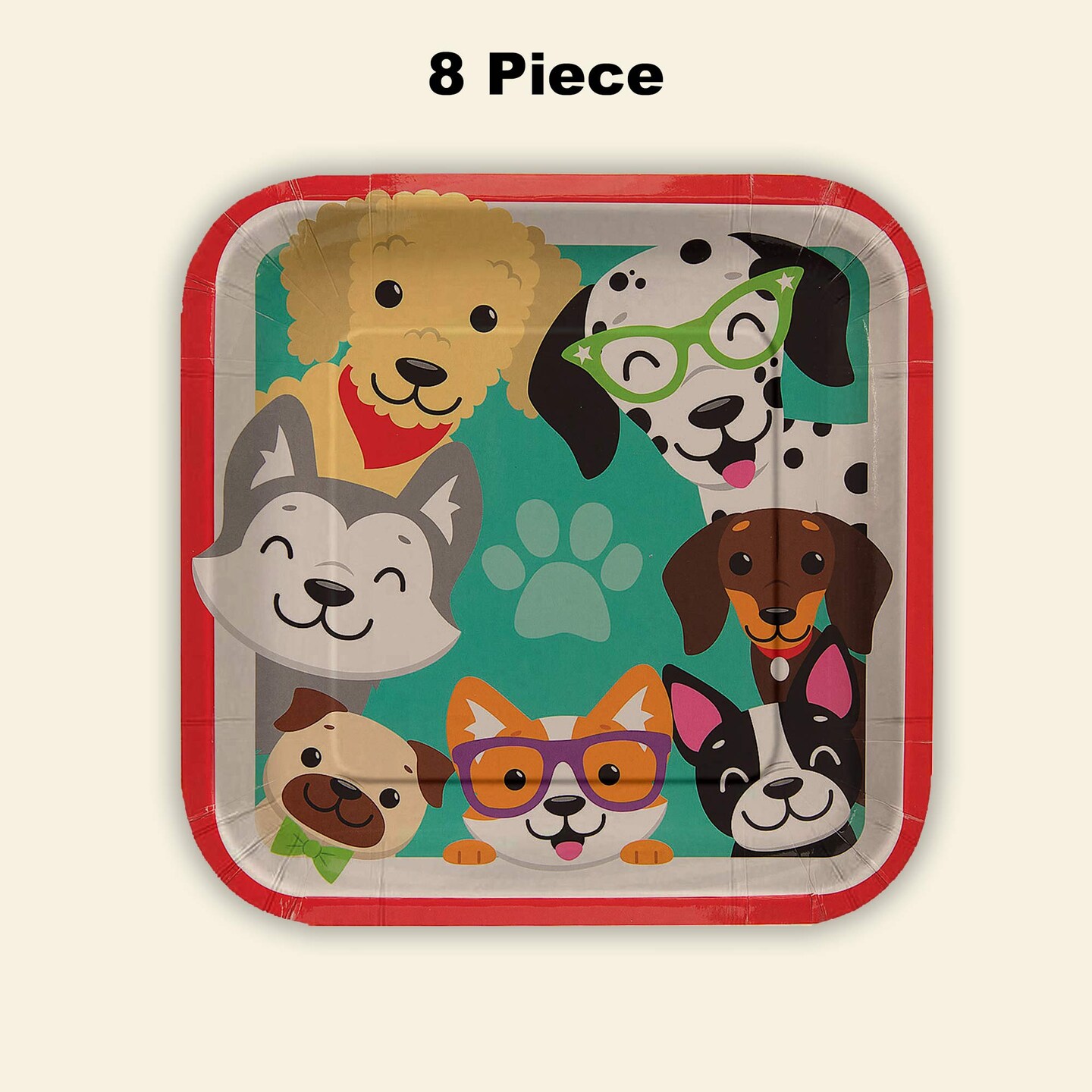 8 Count Dog Party Paw Print Square Paper Plates Disposable Birthday Celebrations 9"