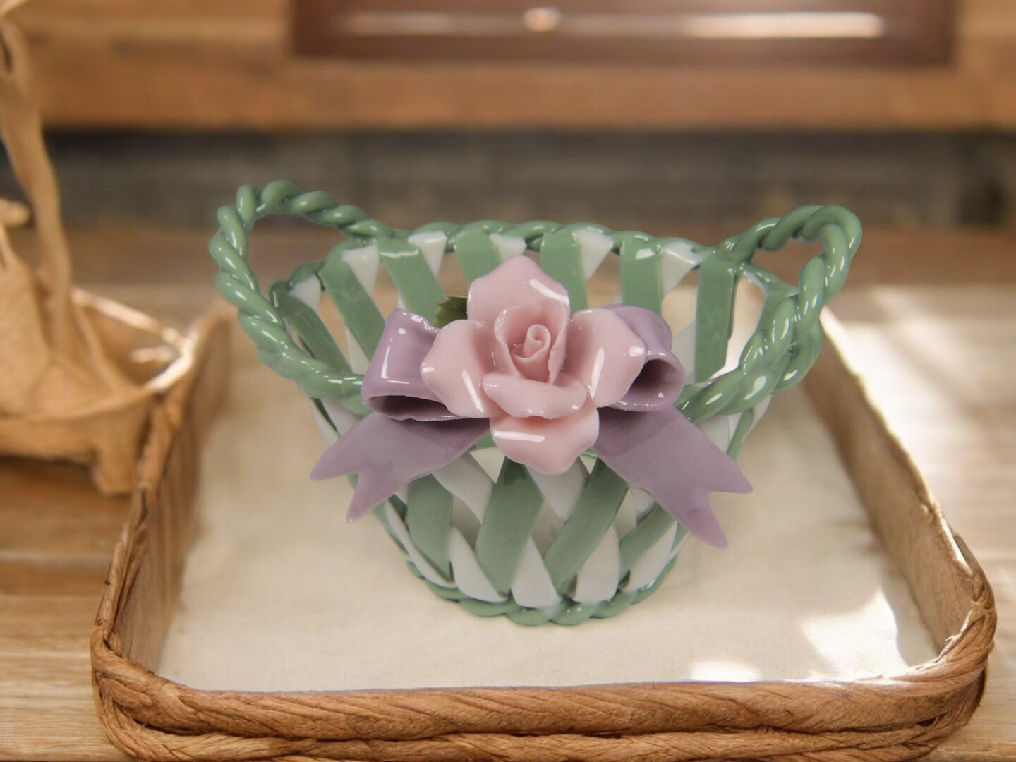 Ceramic Weaved Basket with Pink Rose Flower, Gift for Her, Gift for Mom, Home Decor, Vanity Decor