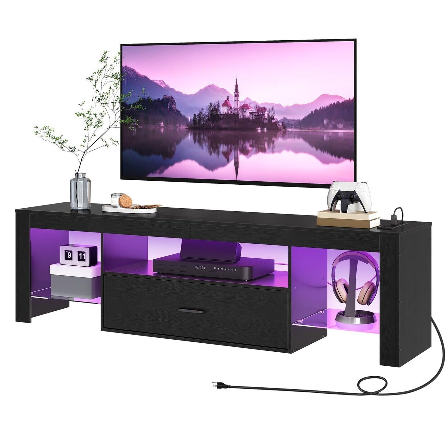 63 Inch Entertainment Center with LED Lighting, USB Ports and Storage