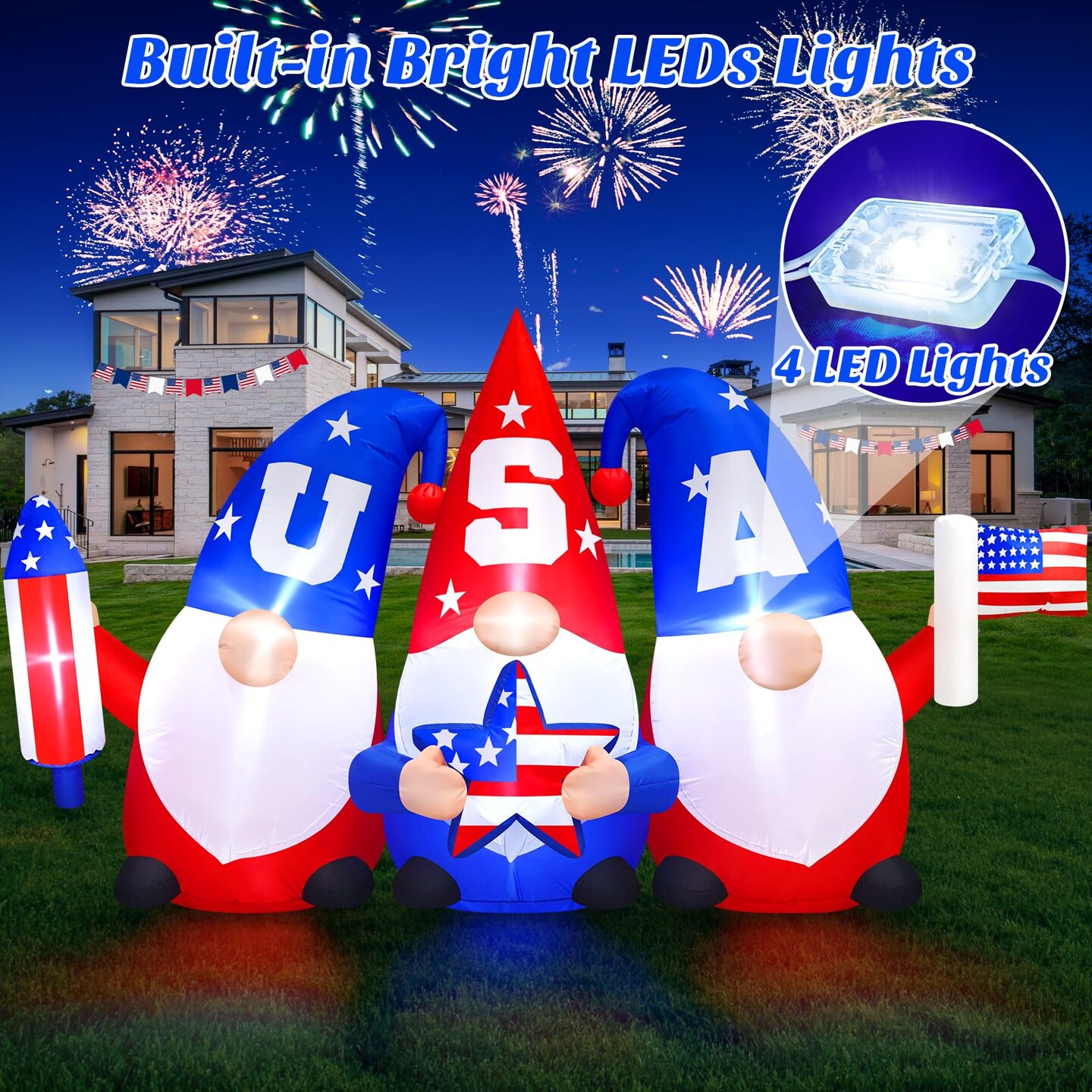 8 FT Long Patriotic 4th of July Inflatables Outdoor Decorations Independence Day 3 Gnomes Holding Flag, Rocket and Star, Built in LED Lights Blow Up Yard Decor for Memorial Day, Lawn, Garden, Party