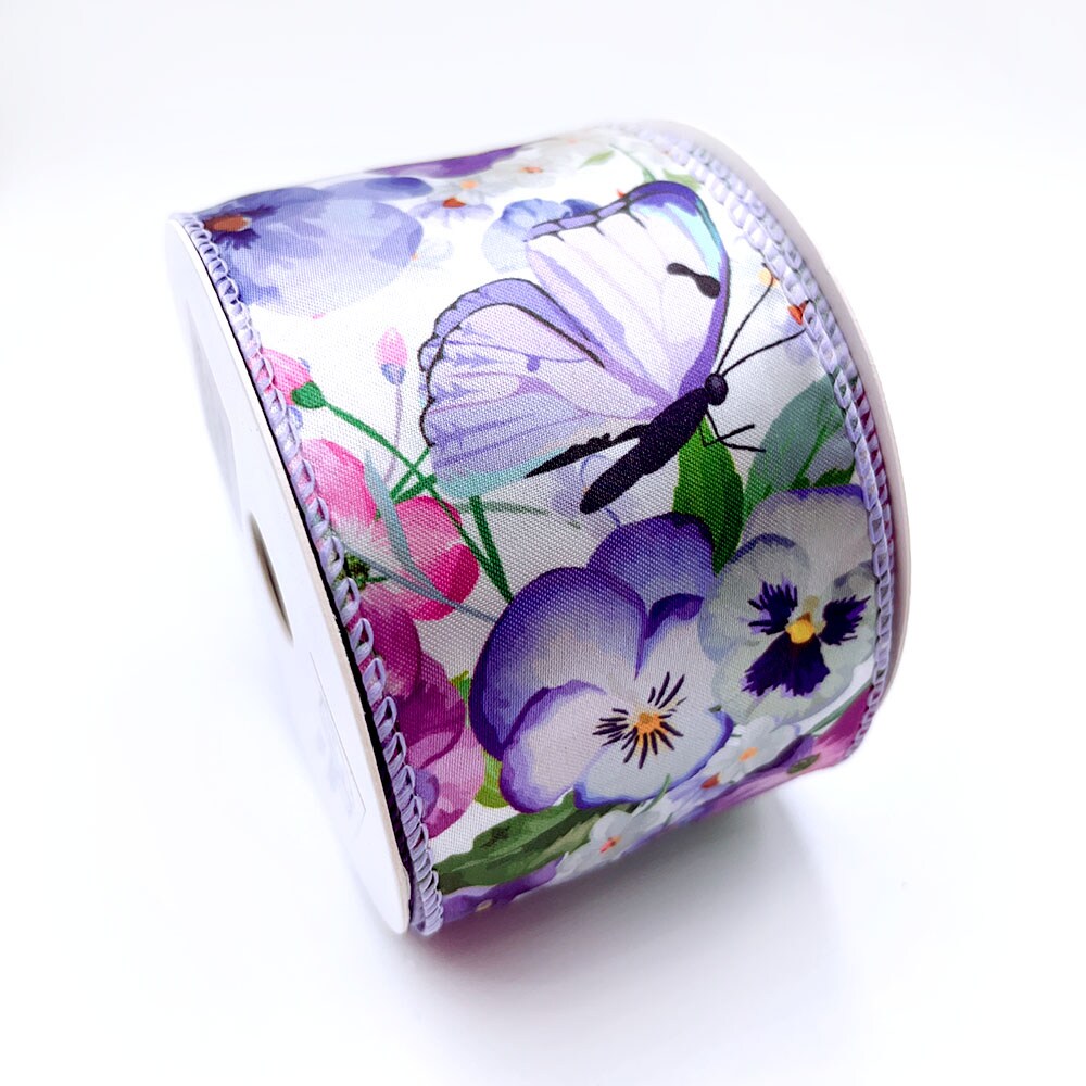 Designer&#x27;s Shop WR 63-5198 Spring Summer Lilac Purple butterfly and small Floral on white wired edge ribbons , 2.5&#x201D; x 10 yard