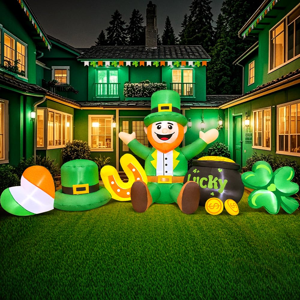 8 FT Long St Patricks Day Inflatables Outdoor Decorations,Inflatable Leprechaun with Clover &#x26; Gold Coins Combo Blow Up Yard Decorations for Holiday Party Yard Lawn Garden
