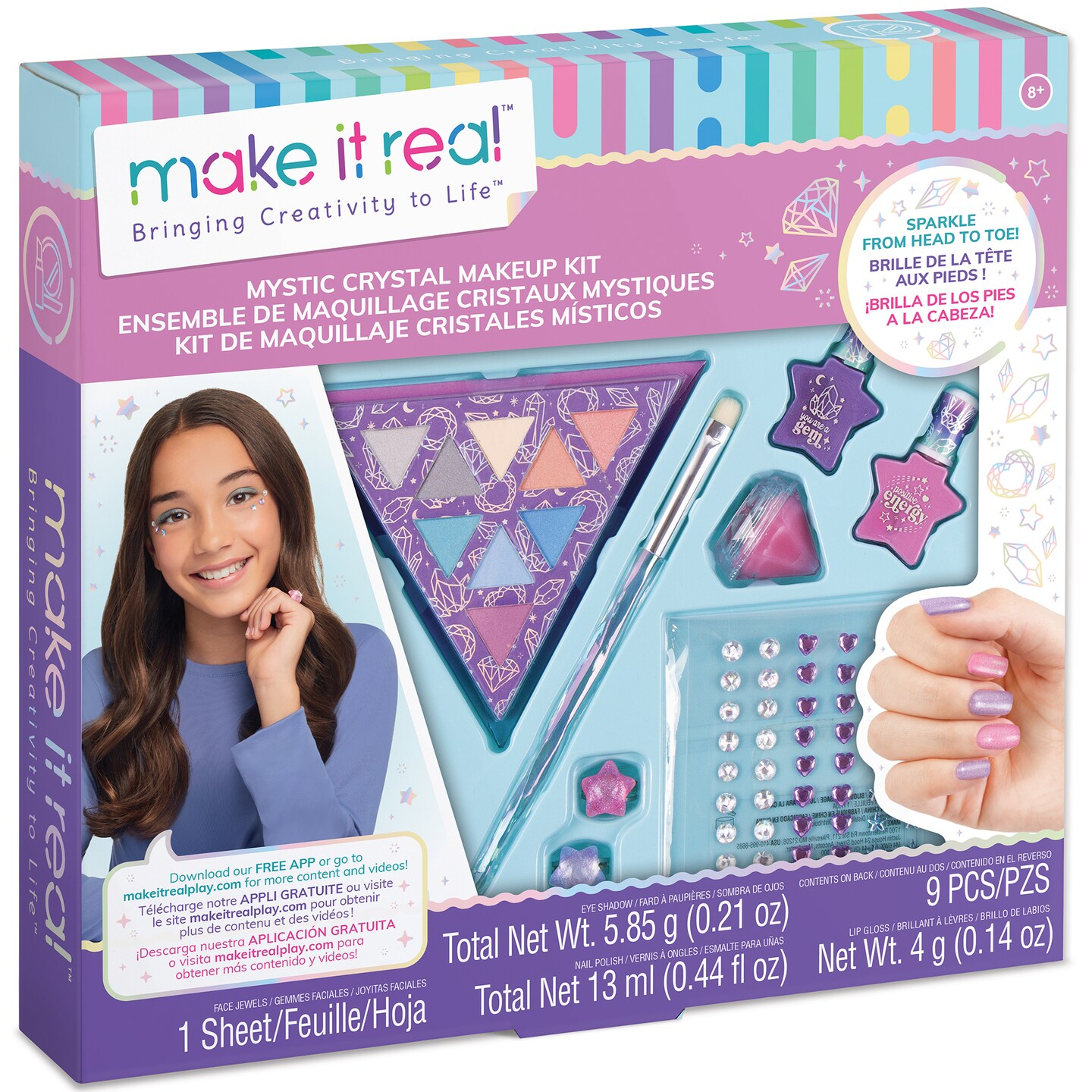 Make It Real: Mystic Crystal Makeup Kit - 9 Piece Tween Cosmetic Set, Sparkle Head To Toe, Rings-Eyes-Lips-Nails, Pink &#x26; Purple Water-Based Nail Polish, You Are Magic, Take-Anywhere Cosmetic Set, Kids Ages 8+