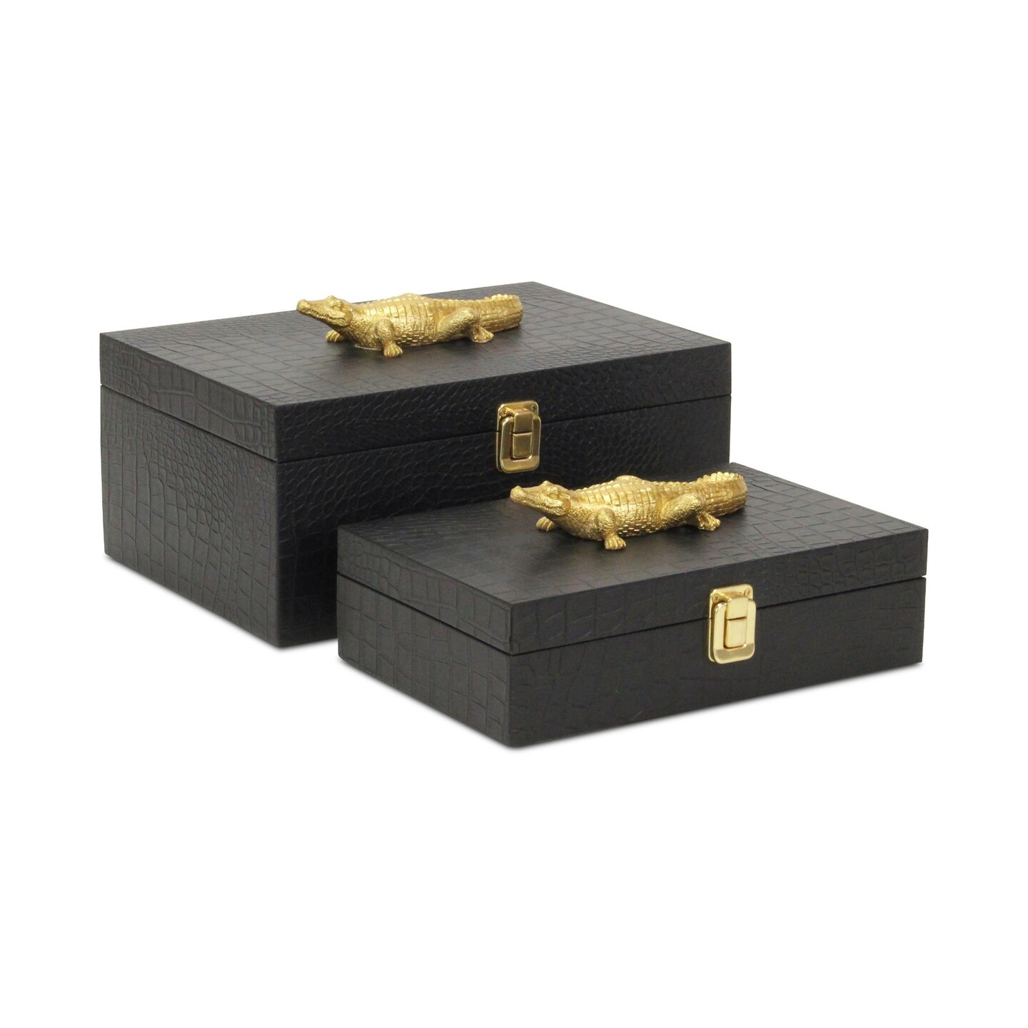 Contemporary Home Living Rectangular Alligator Wooden Storage Boxes - 11.75&#x22; - Black and Gold - Set of 2