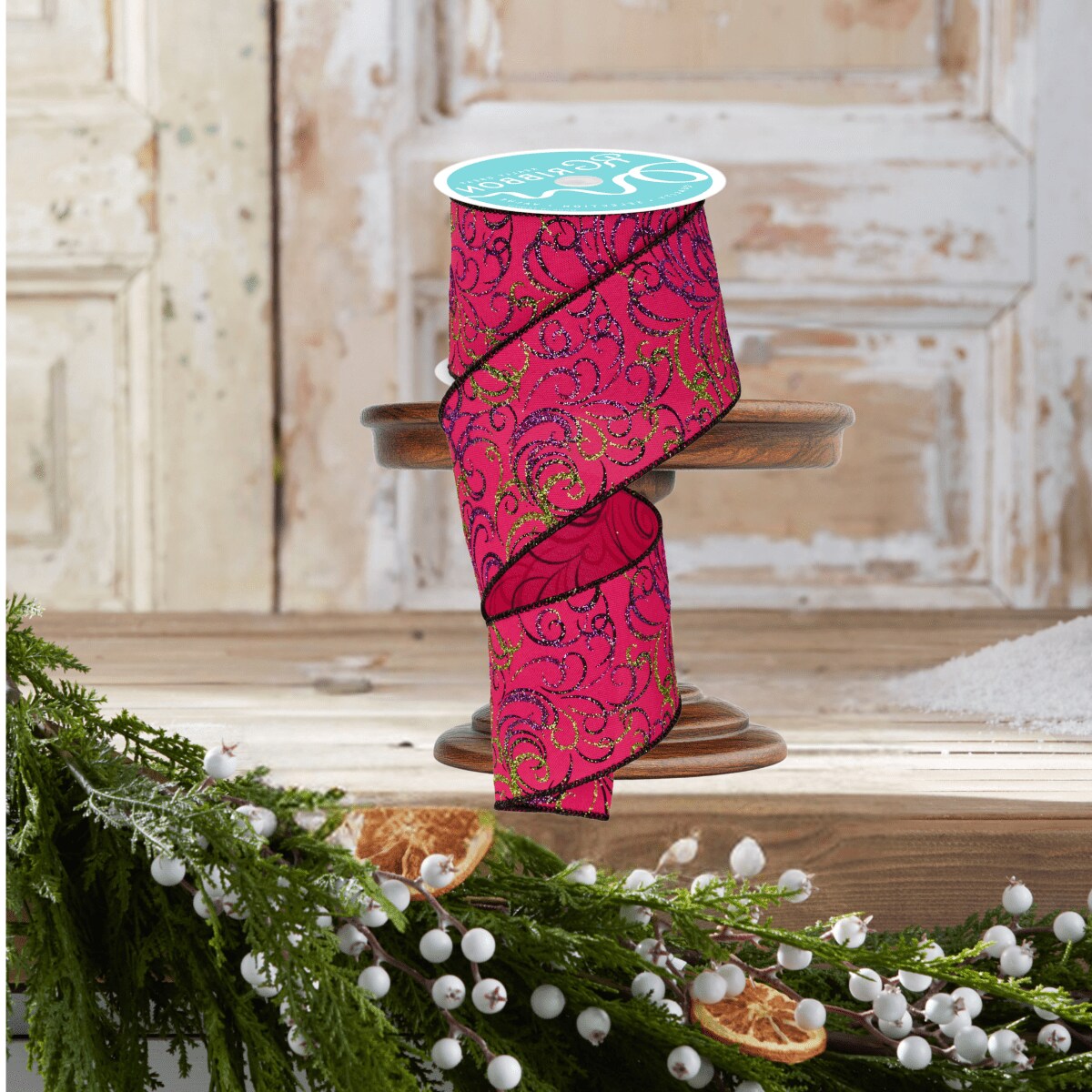 2.5&#x22; Multi Swirls Glitter Ribbon: Hot Pink/Lime/Black (10 Yard)