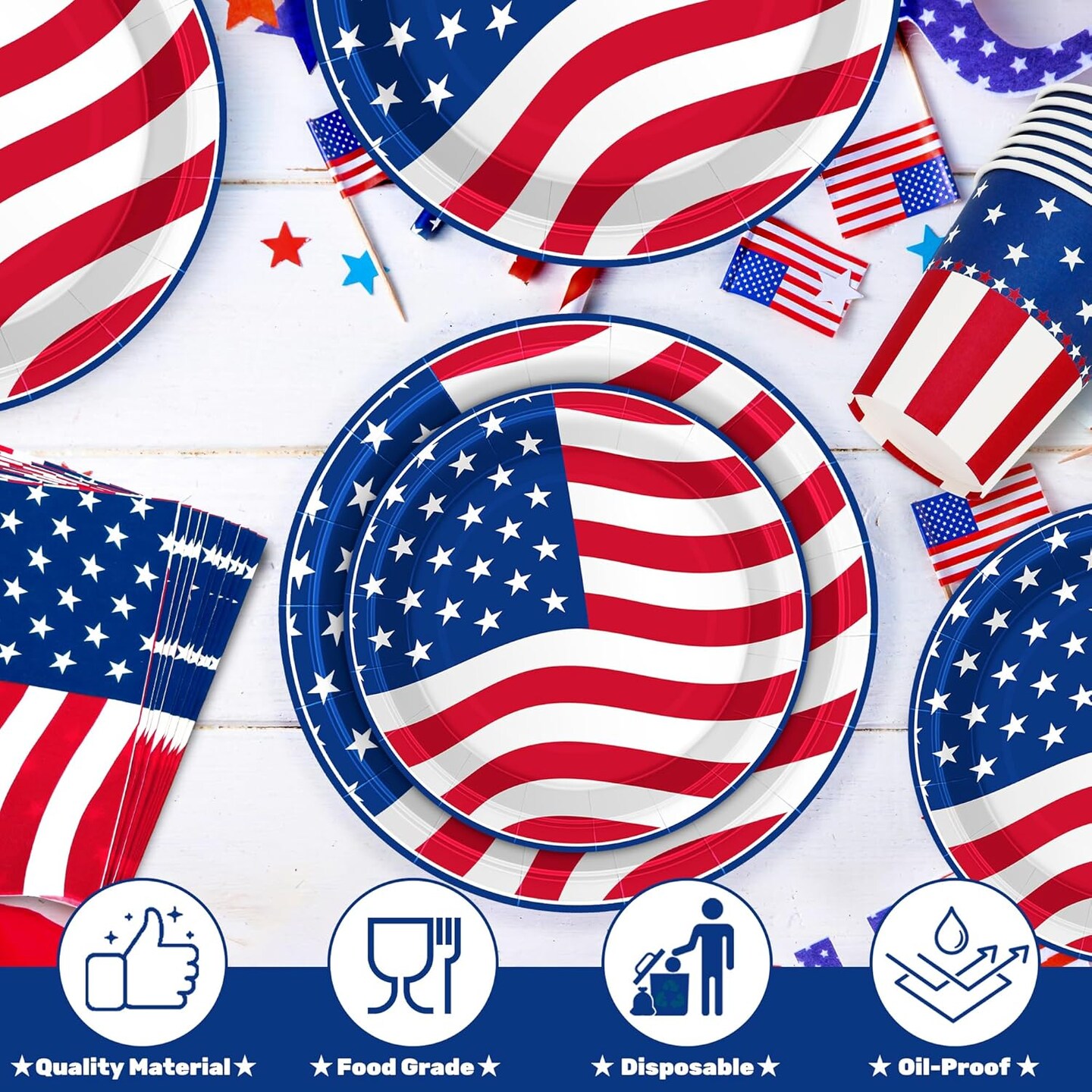 96PCS 4th of July Party Supplies – Plates, Napkins, Cups for 24 Guests, Patriotic Dinnerware Set