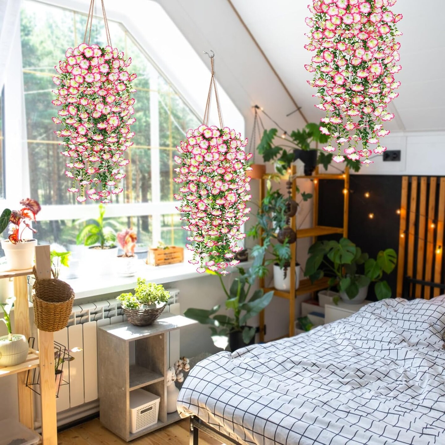 2PCS Artificial Morning Glory Hanging Flowers – UV-Resistant Faux Silk for Outdoor Garden Decor (Pink)