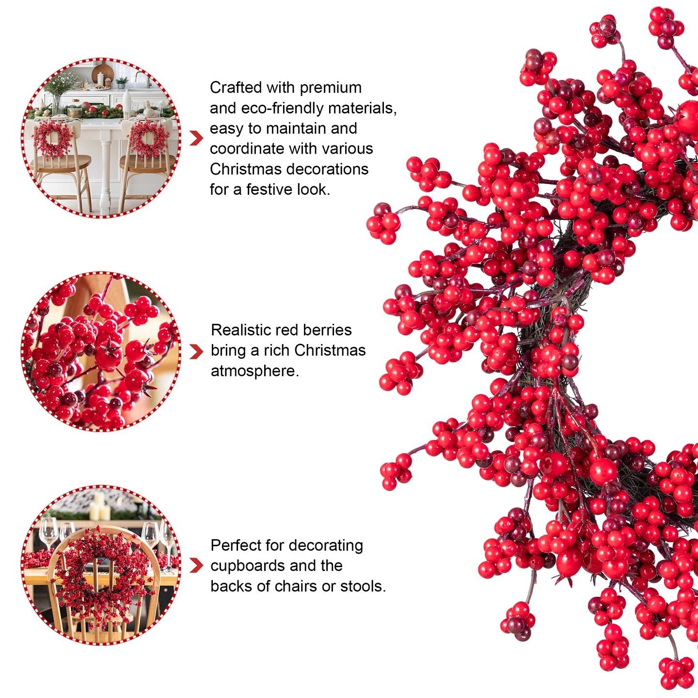 Set of 5 Christmas Red Berries 41&#x22;H Porch Tree &#x26; 6ft Garland &#x26; 25&#x22;D/14&#x22;D Wreath Set