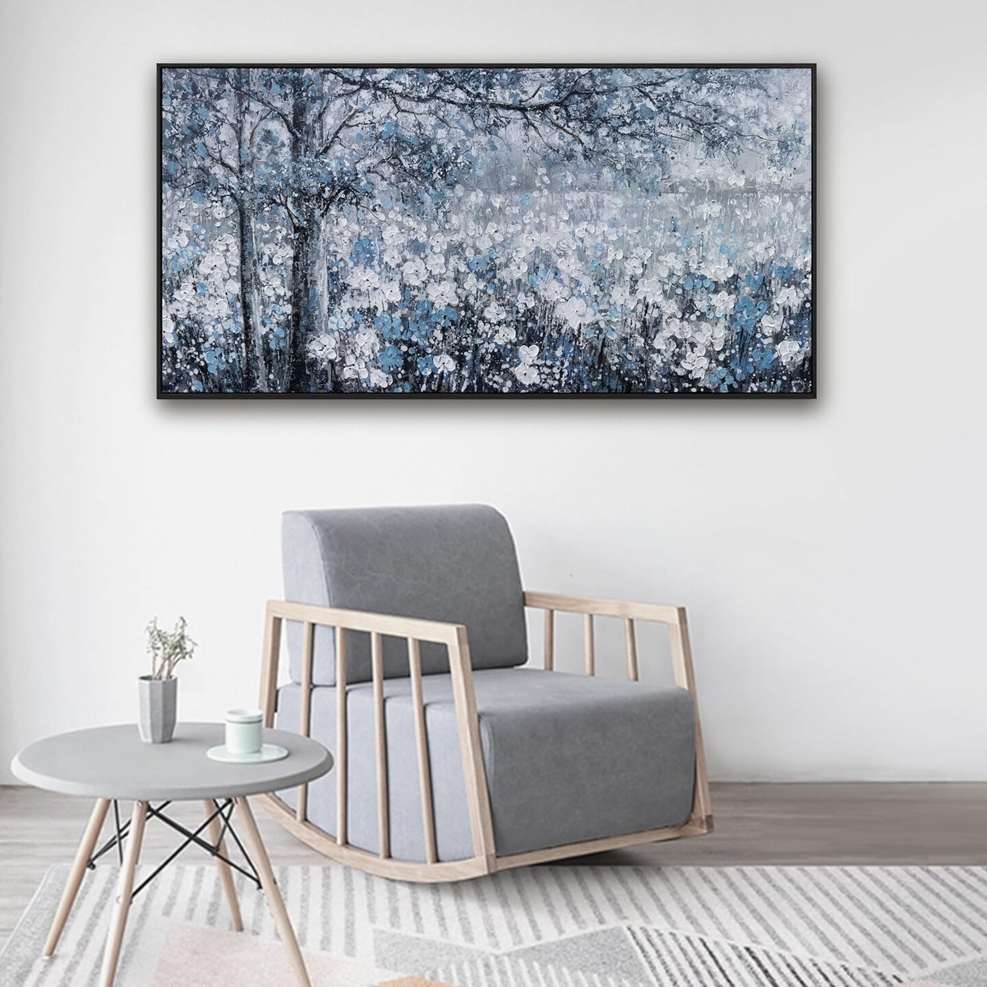 Canvas Wall Art Print Paintings Blue And White Abstract Tree Flower Landscape (20"×40")