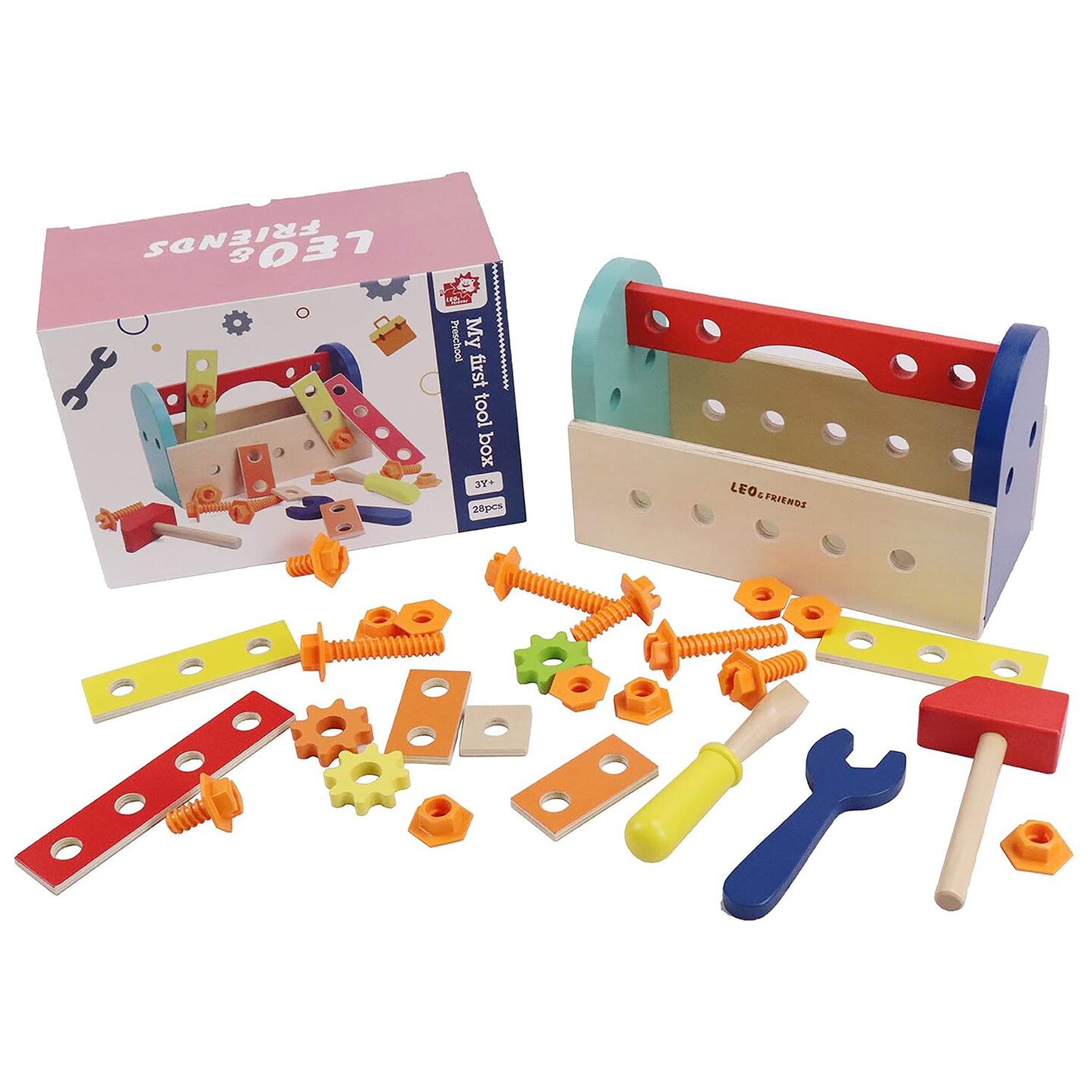 LEO &#x26; FRIENDS: My First Tool Box Kit - 28 Pieces, Wooden Playset, Various Shapes Gears &#x26; Bolts, Hands-On, Carry Handle Interactive Box, Kids Ages 3+