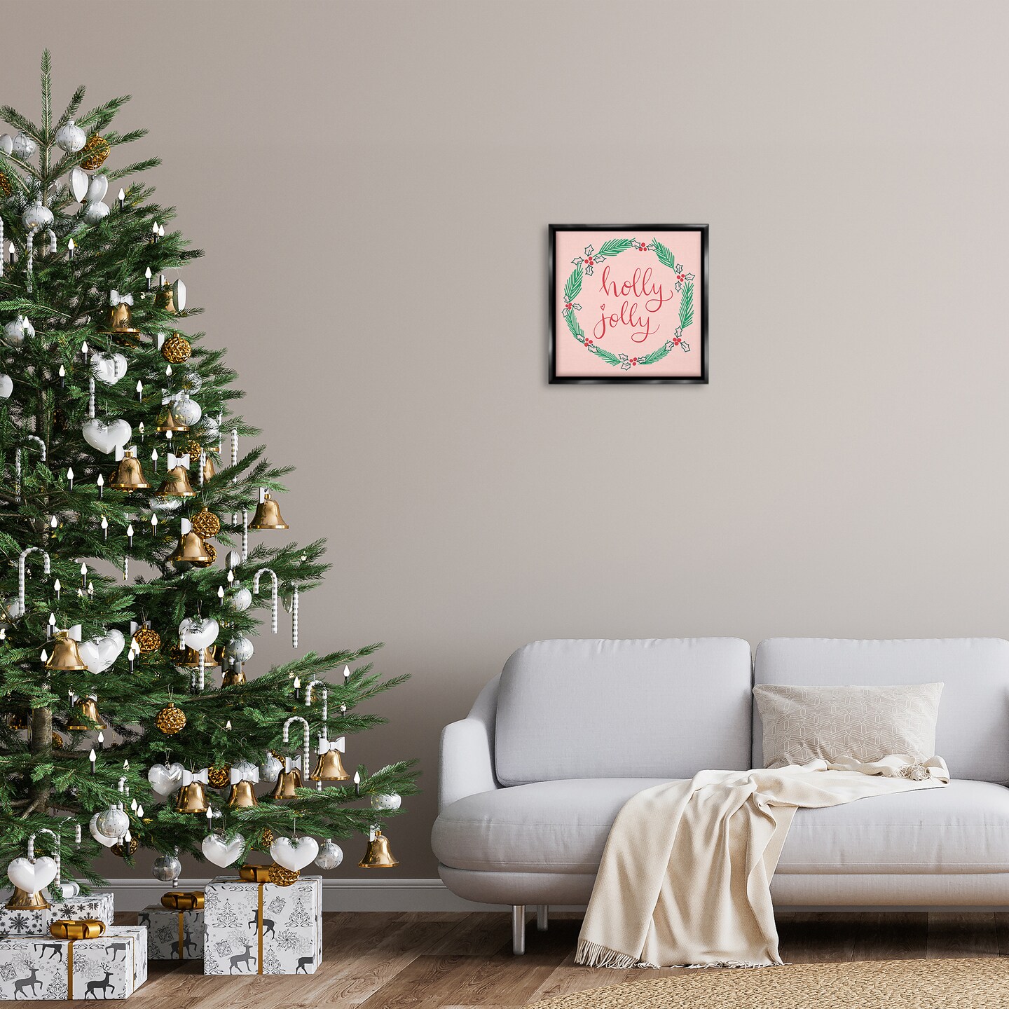 Stupell Industries Minimal Holly Jolly Wreath Floating Frame Design by Sazerelli Designs