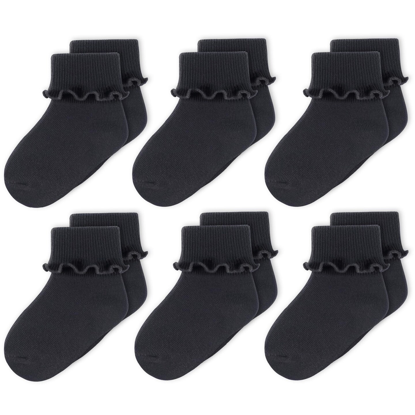 CozyWay Baby Ruffle Socks Baby Girl Turn Cuff Ankle Comfy Cotton Socks Infant - 0-9 Months Black - 6 Pack