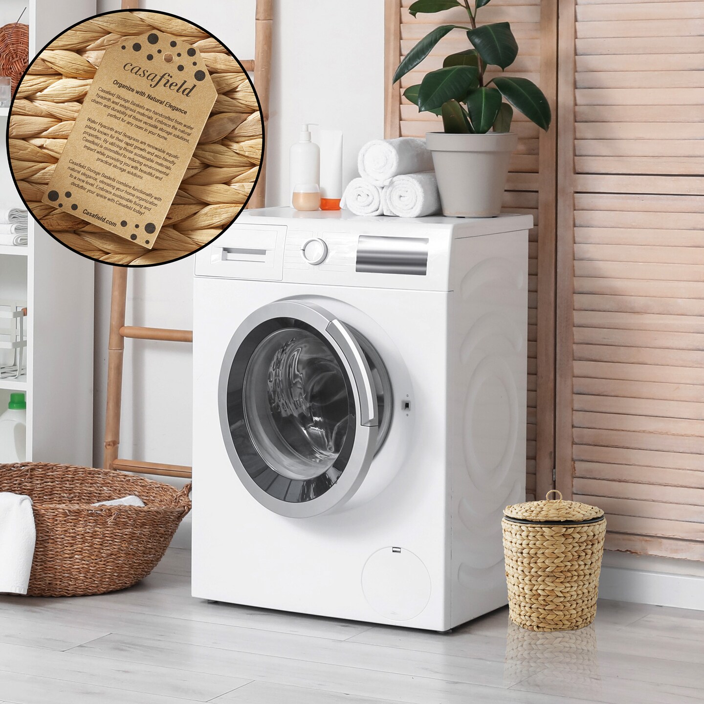 Casafield Water Hyacinth Trash Can with Lid and Liner, Woven Wicker Waste Basket for Bathroom, Bedroom, Laundry Room, Home Office