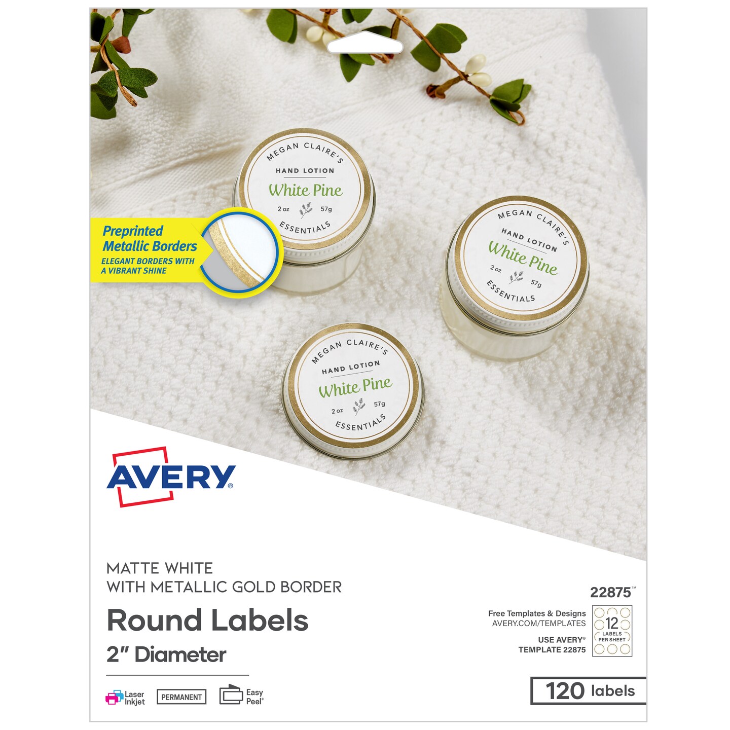 Avery Printable Round Labels, 2" Diameter, Matte White with Metallic Gold Borders, Permanent Adhesive, 120 Blank Labels (22875)