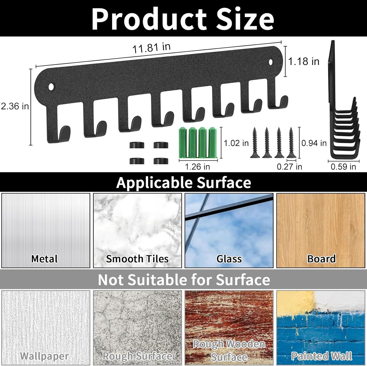 2 Pack Wall Mount Key Holder, Key Hanger Wall Mount with 8 Hooks, Adhesive Key Holder for Wall, No-Drill Decorative Black Key Rack for Living Room, Kitchen, or Bathroom