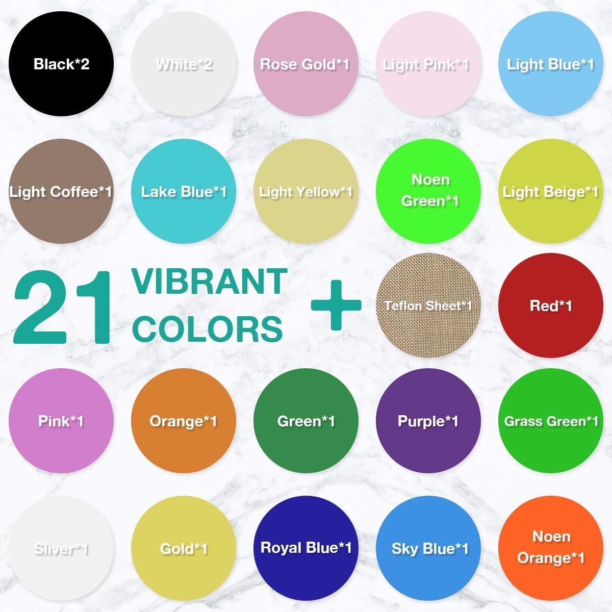 24 Pack 12&#x22;x12&#x22; Iron on Vinyl Sheets for T-Shirt, 21 Assorted Colors - 1 Teflon Sheet