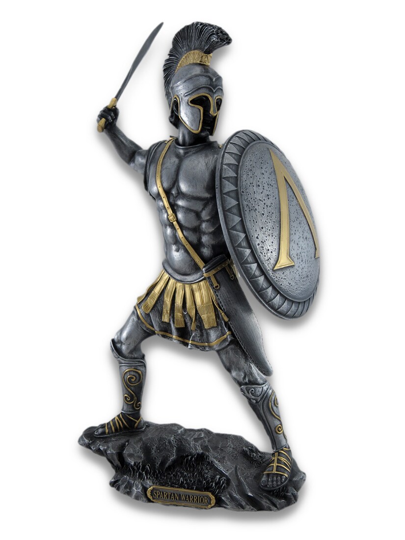 Spartan Warrior with Sword and Hoplite Shield Statue Silvered/Gold Accents