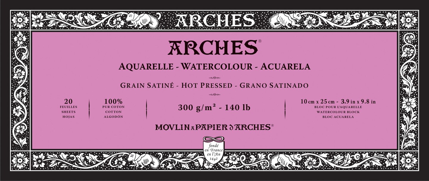Arches Aquarelle Hot Pressed Watercolor Block 3.9"X9.8"- 140lb, 20 Sheets
