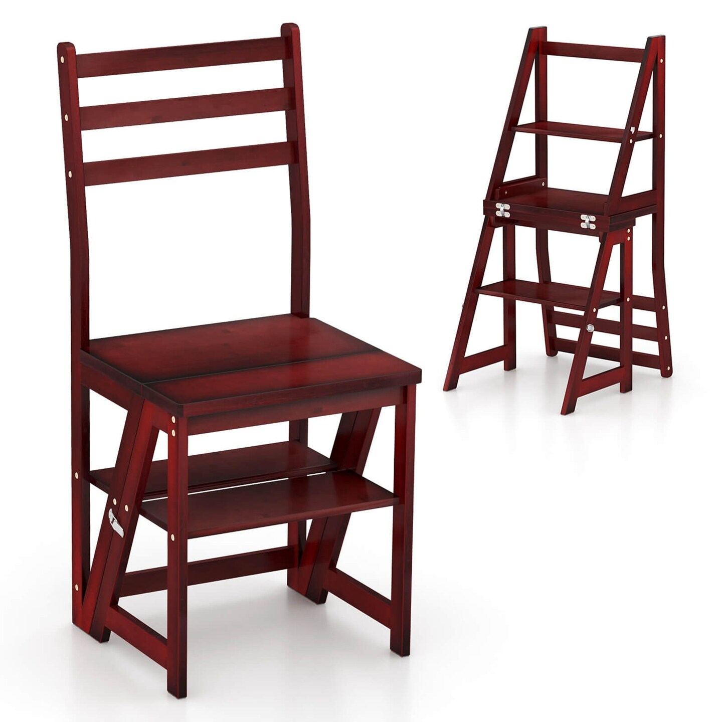 Costway 3-Step Folding Step Ladder Chair with Bamboo Frame Convertible Ladder Stool Reddish Brown/Natural