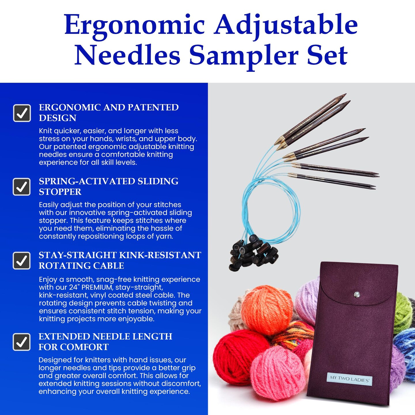 My Two Ladies | Blue Silk | Sampler Set | Adjustable Knitting Needles | 4 SIZES | US6, US8, US13, US17 | w/custom case