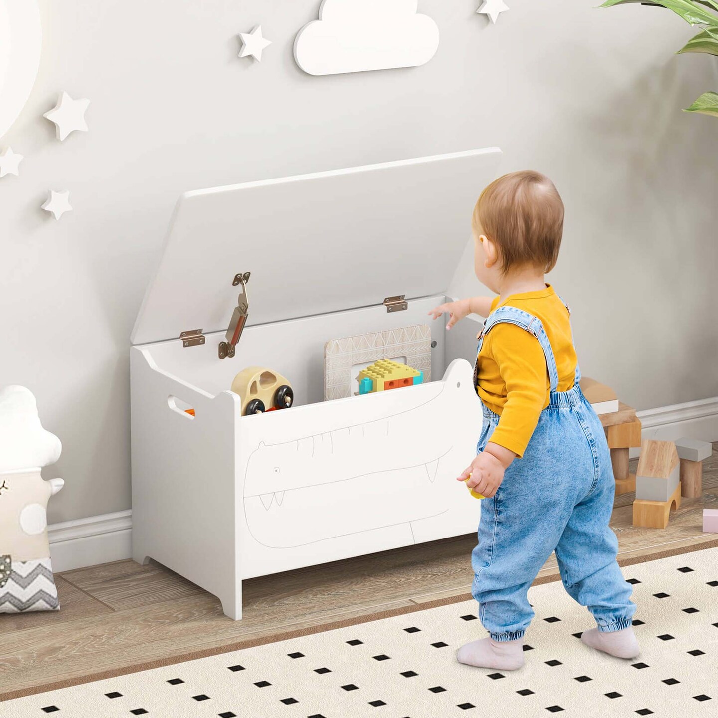 Costway Kids Toy Box withSafety Hinge Wood Storage Chest Flip-Top Storage Organizer White/Green