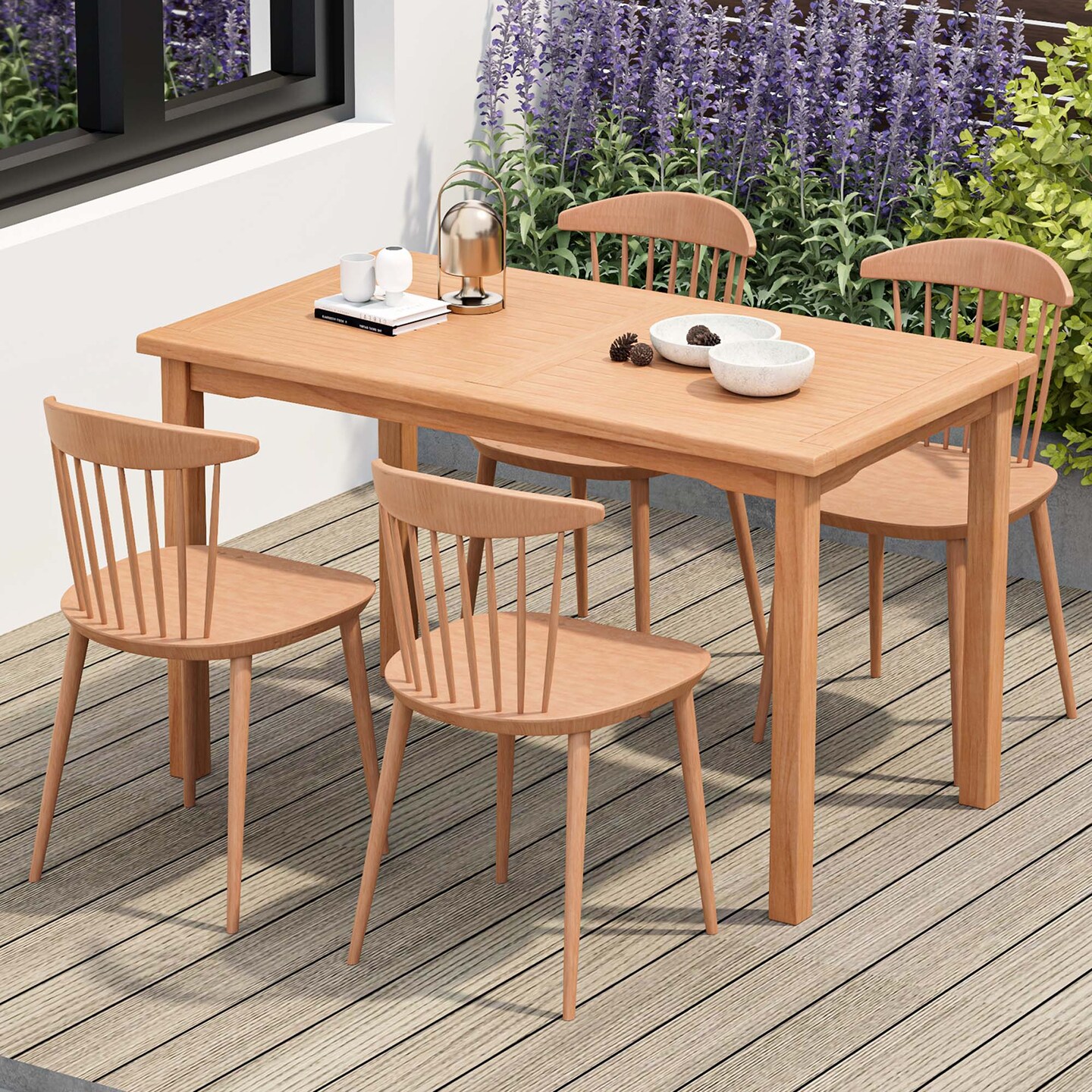 Costway Patio Rectangle Dining Table Indonesia Teak Wood Spacious Slatted Tabletop Outdoor Up to 6