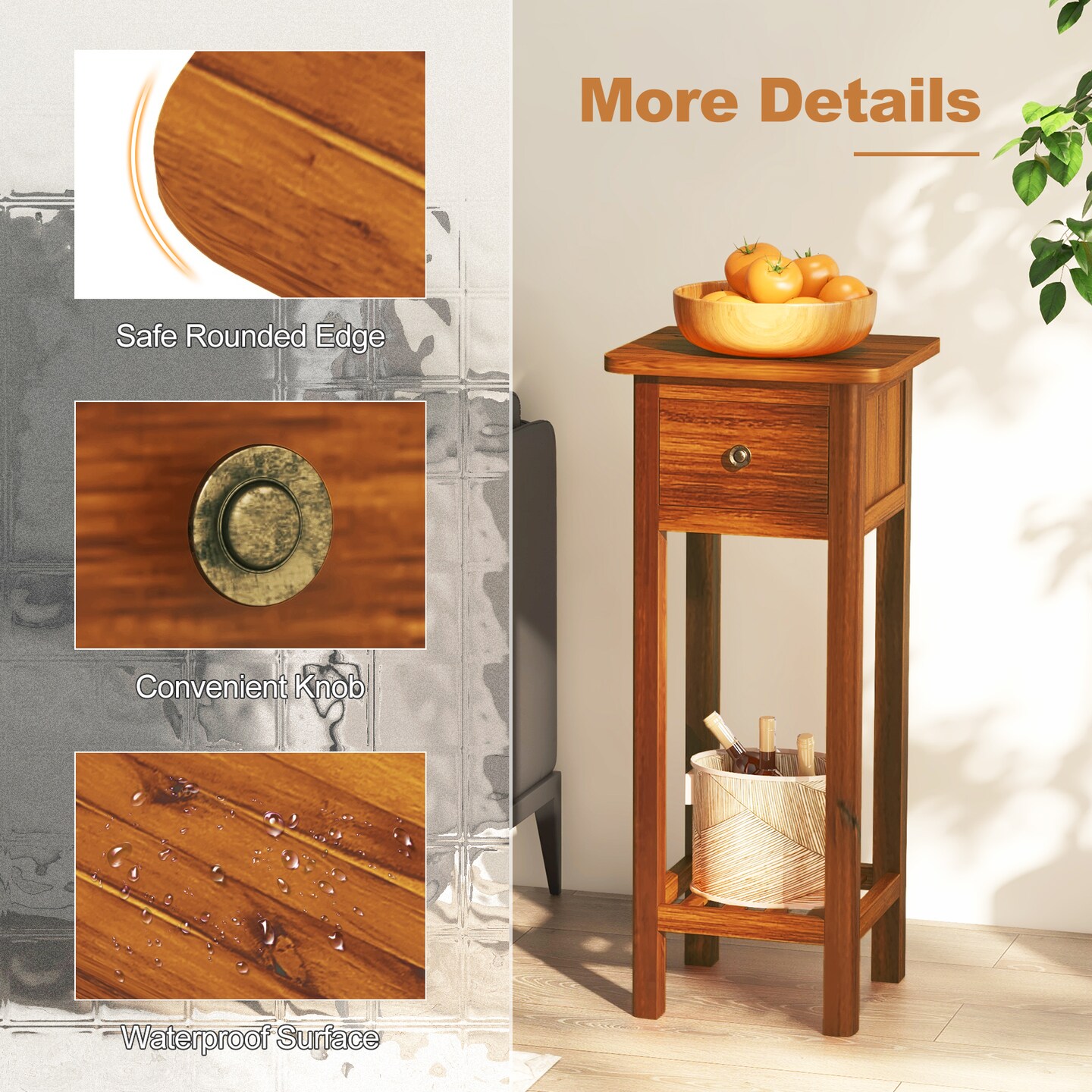 Costway Solid Wood Side Table with Acacia Wood Top Drawer & Open Shelf Small Nightstand