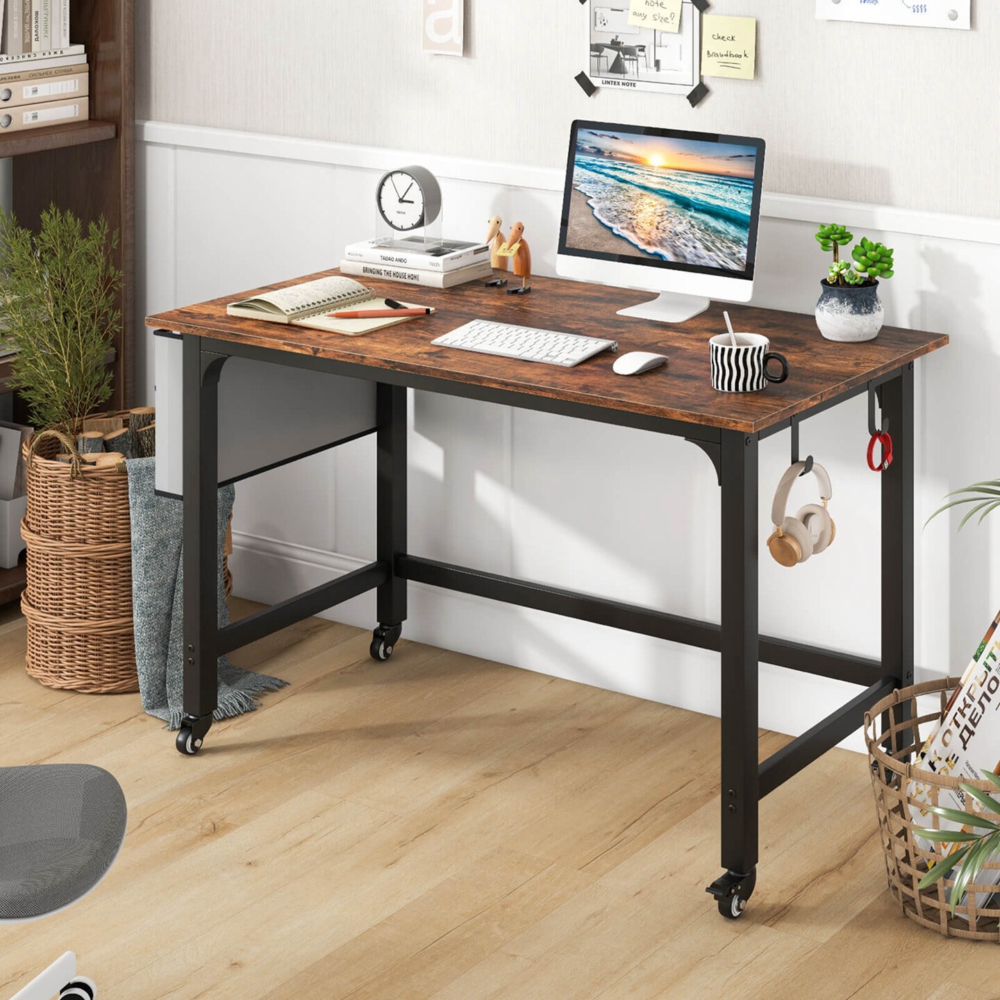 Costway 1/2/4 PCS Rolling Computer Desk Metal Frame PC Laptop Table Wood Top Study Workstation