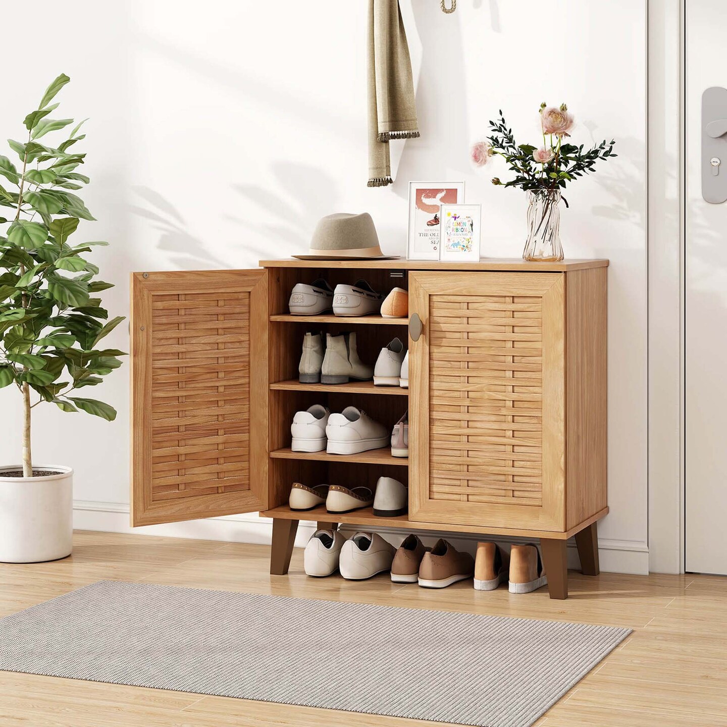 Costway 2-Door Shoe Cabinet with Ventilated Woven Doors &#x26; 3 Removable Shelves for Entryway