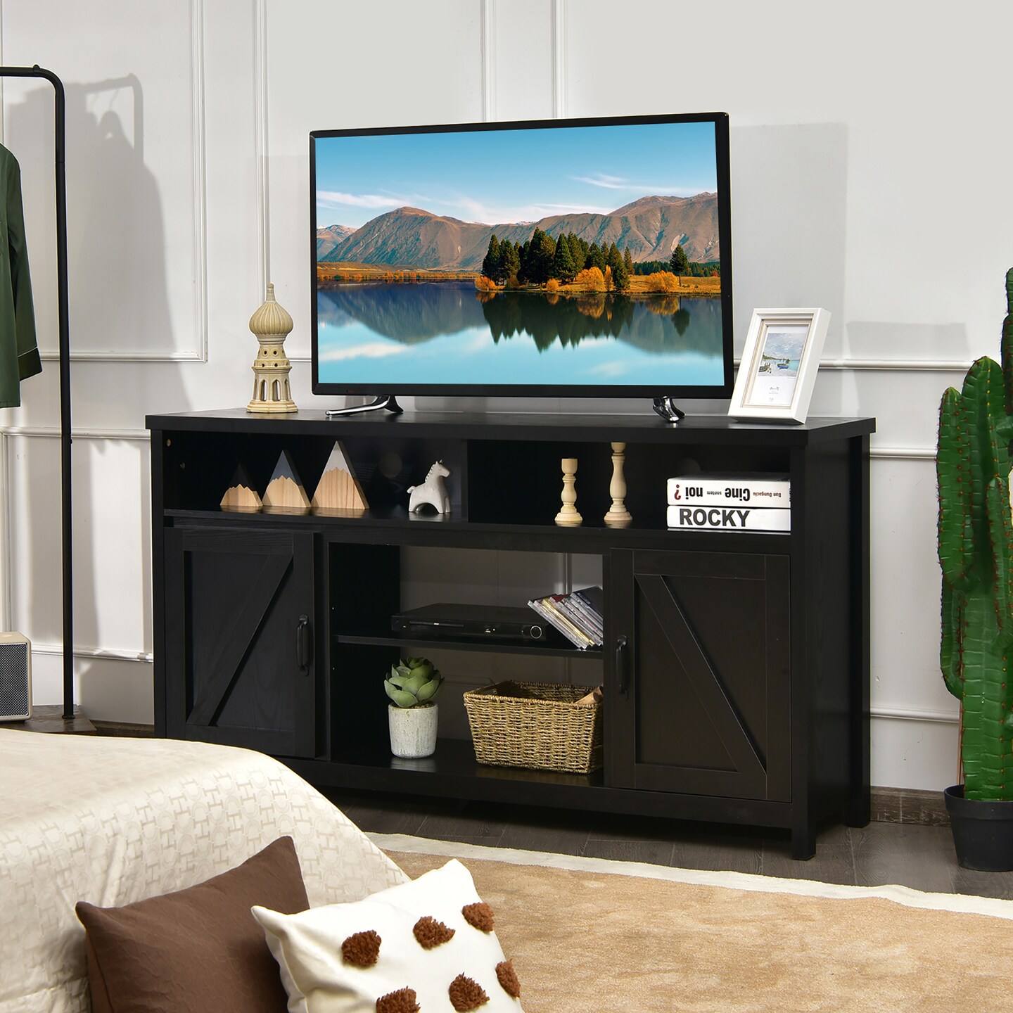 Costway 59&#x27;&#x27; TV Stand Media Center Console Cabinet w/ Barn Door for TV&#x27;s 65&#x27;&#x27; Natural\Black\Coffee