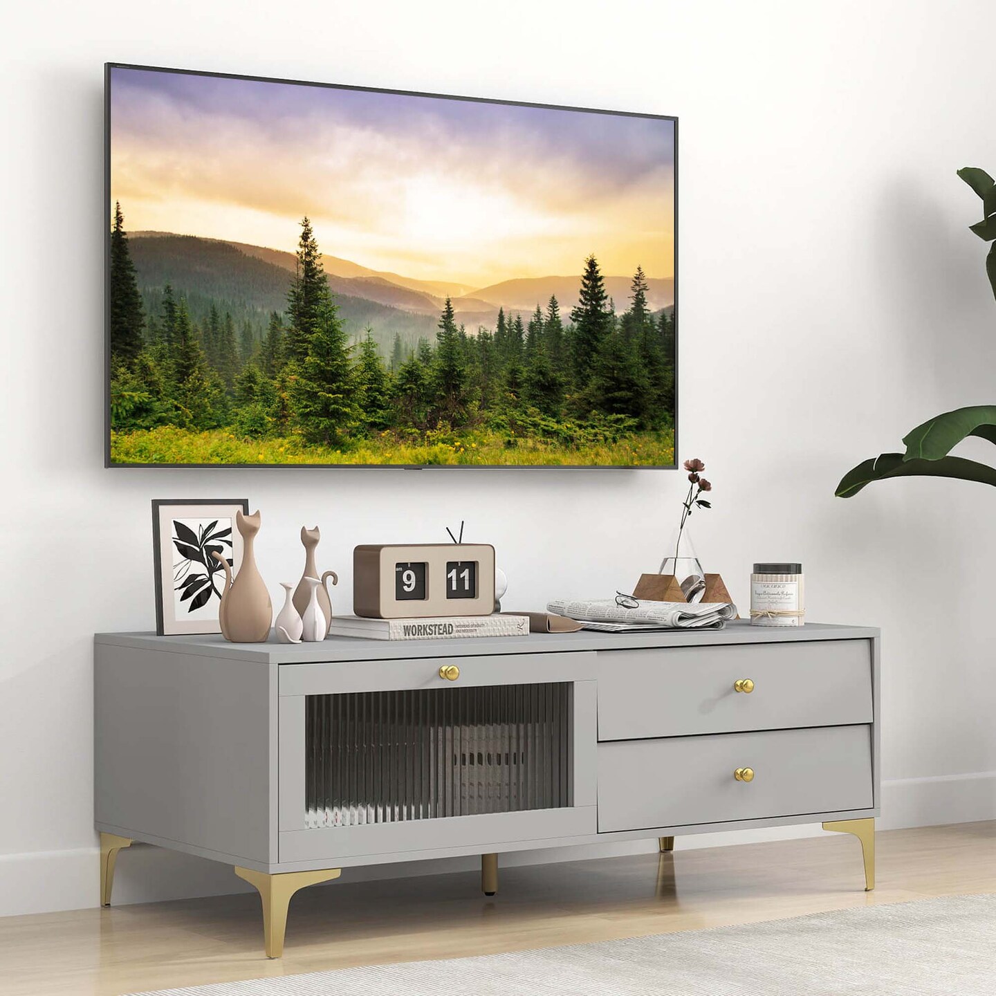 Costway Modern TV Stand for 55" TVs with Drop Down Door Cabinet 2 Storage Drawers Gray