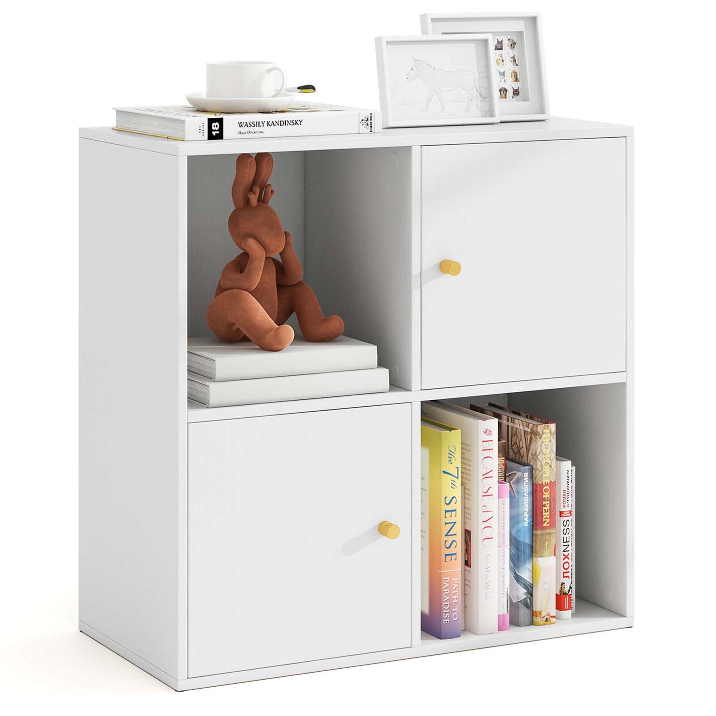 Costway 4-Cube Bookcase with Dual Anti-Tipping Kits &#x26; 2 Cabinets Storage Organizer White/Natural