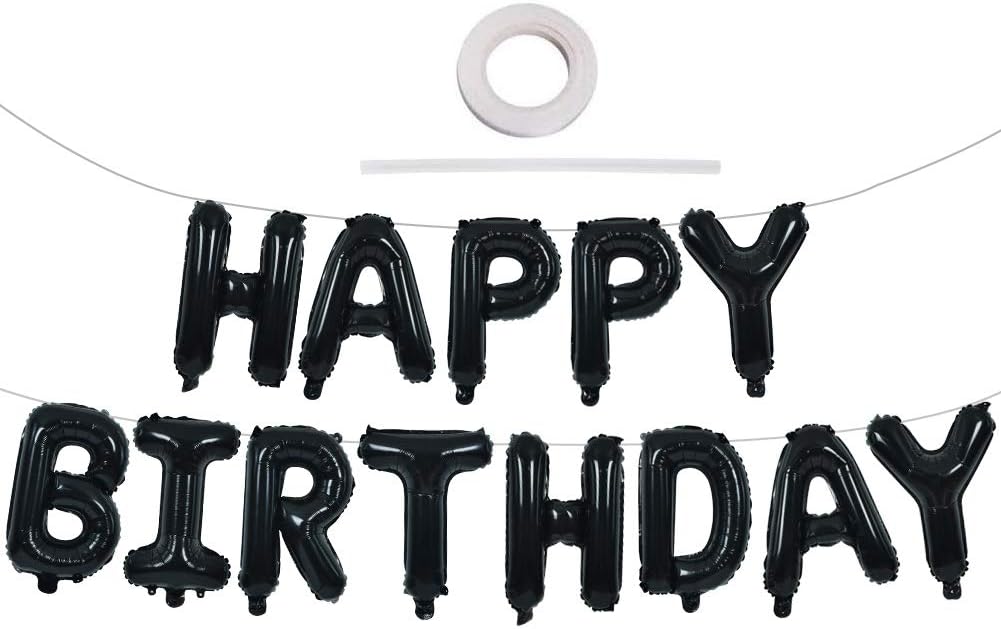 Black "Happy Birthday" Foil Letter Balloon Banner – 16 Inch Mylar Reusable Birthday Sign Bunting, Perfect for 30th, 40th, 50th, 60th Adults and Halloween Parties (Black)