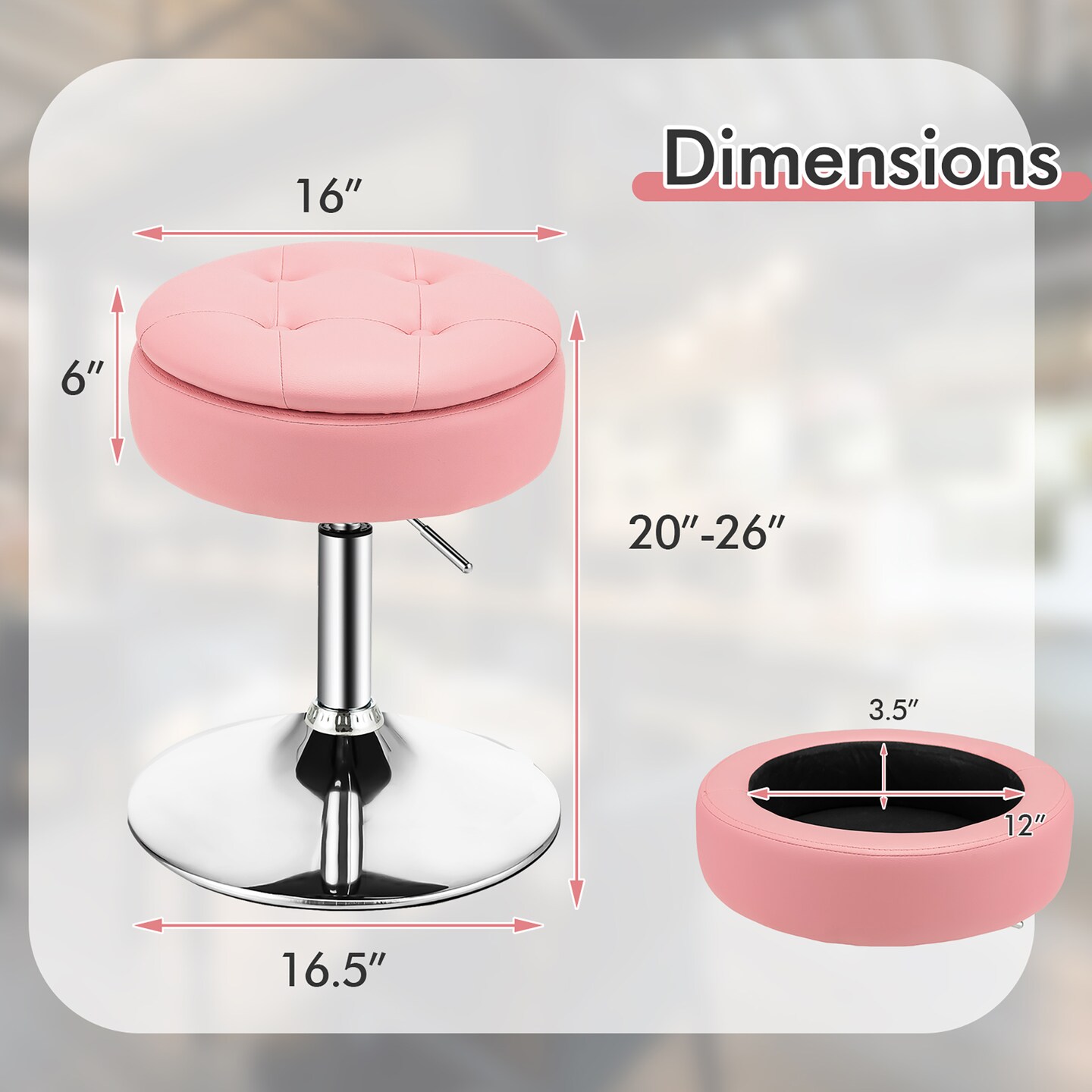 Costway Vanity Stool Adjustable 360° Swivel Storage Makeup Chair w/ Removable Tray White\Black\Pink