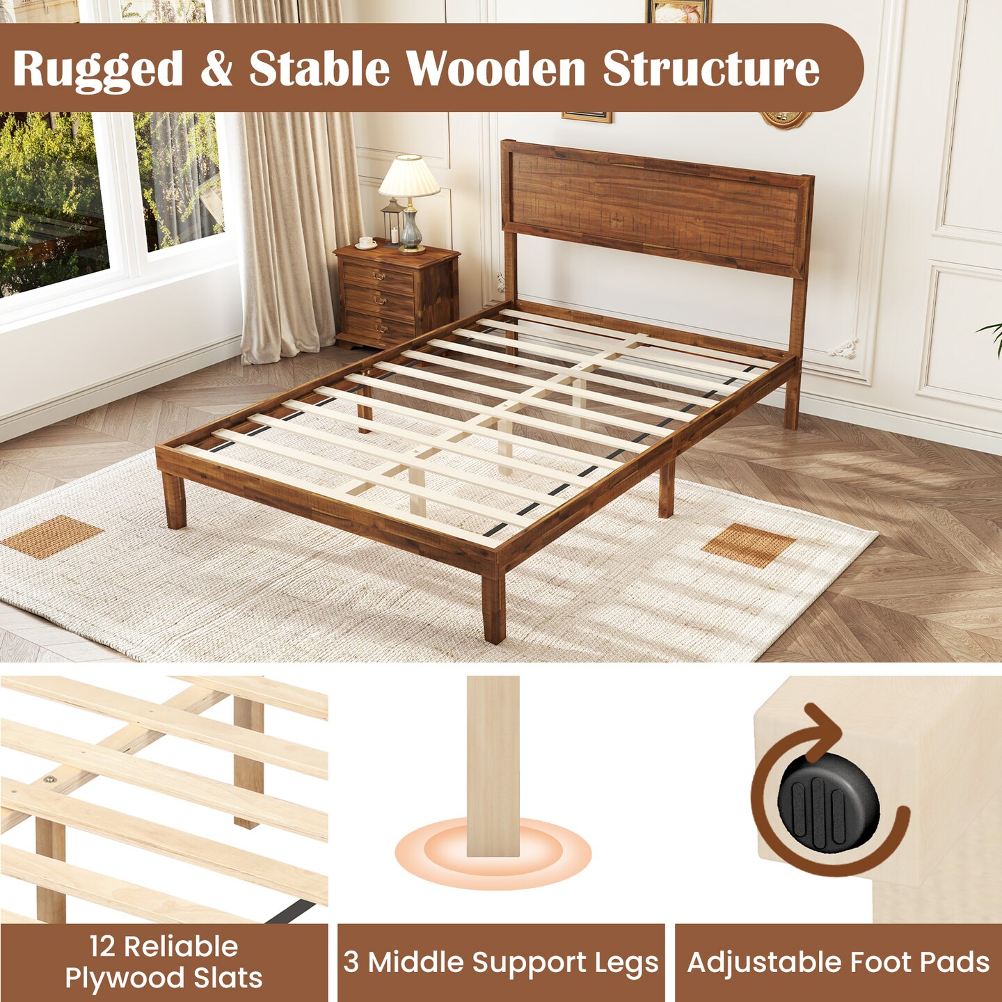 Bed Frame with Headboard and Wooden Slats Support