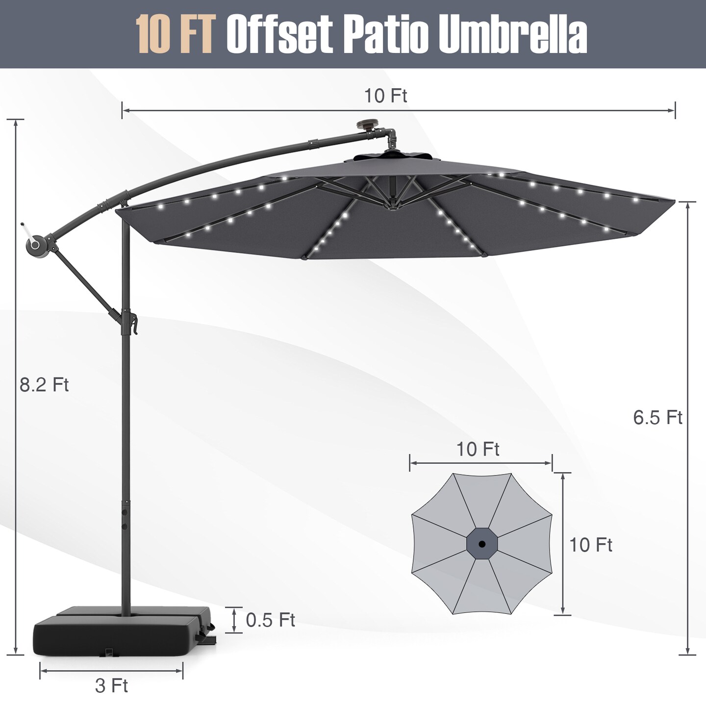 10 Ft Beige Steel Offset Cantilever Patio Umbrella with 40 Solar Powered LED Lights and Adjustable