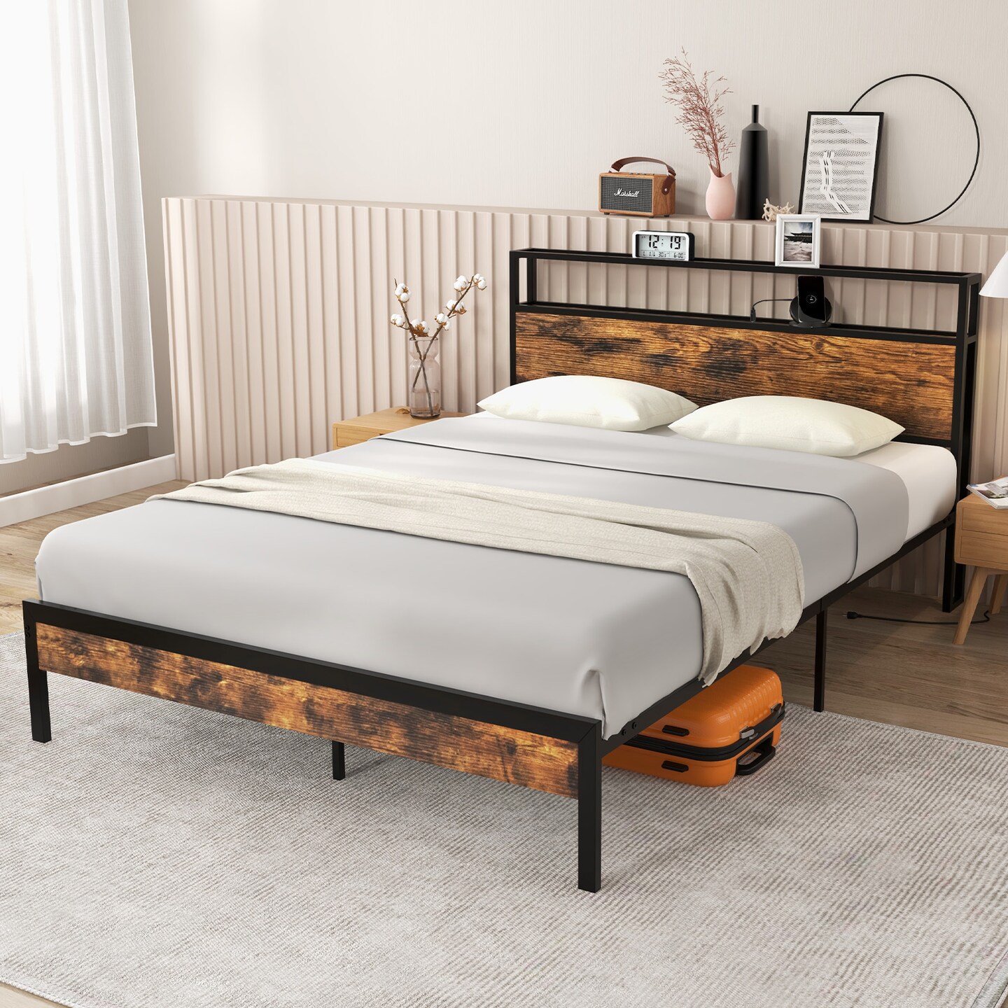 Twin/Full/Queen Bed Frame with Storage Headboard and Charging Station-Full Size