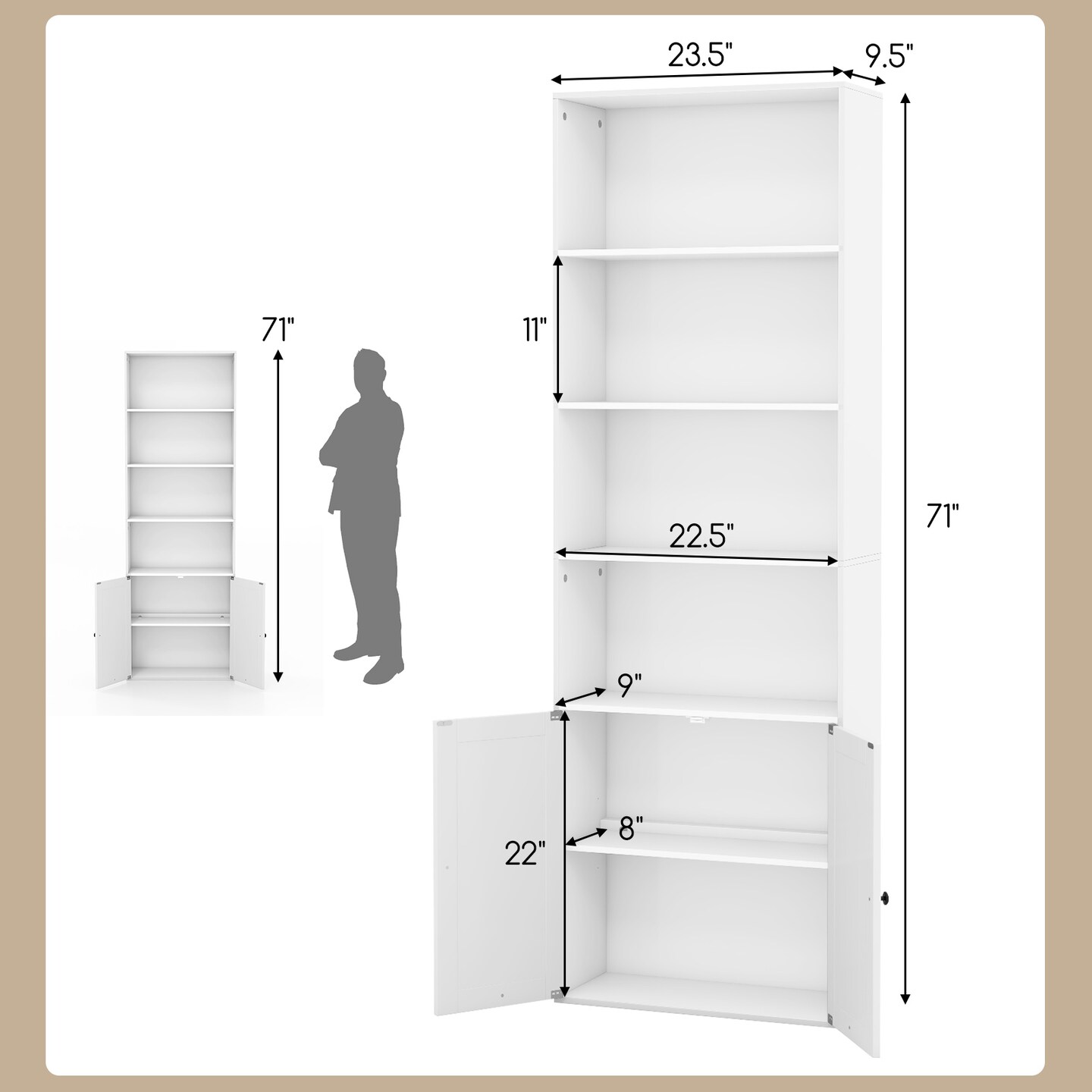 71 Inch Freestanding Bookshelf with 6 Shelves and 2-Door Cabinet