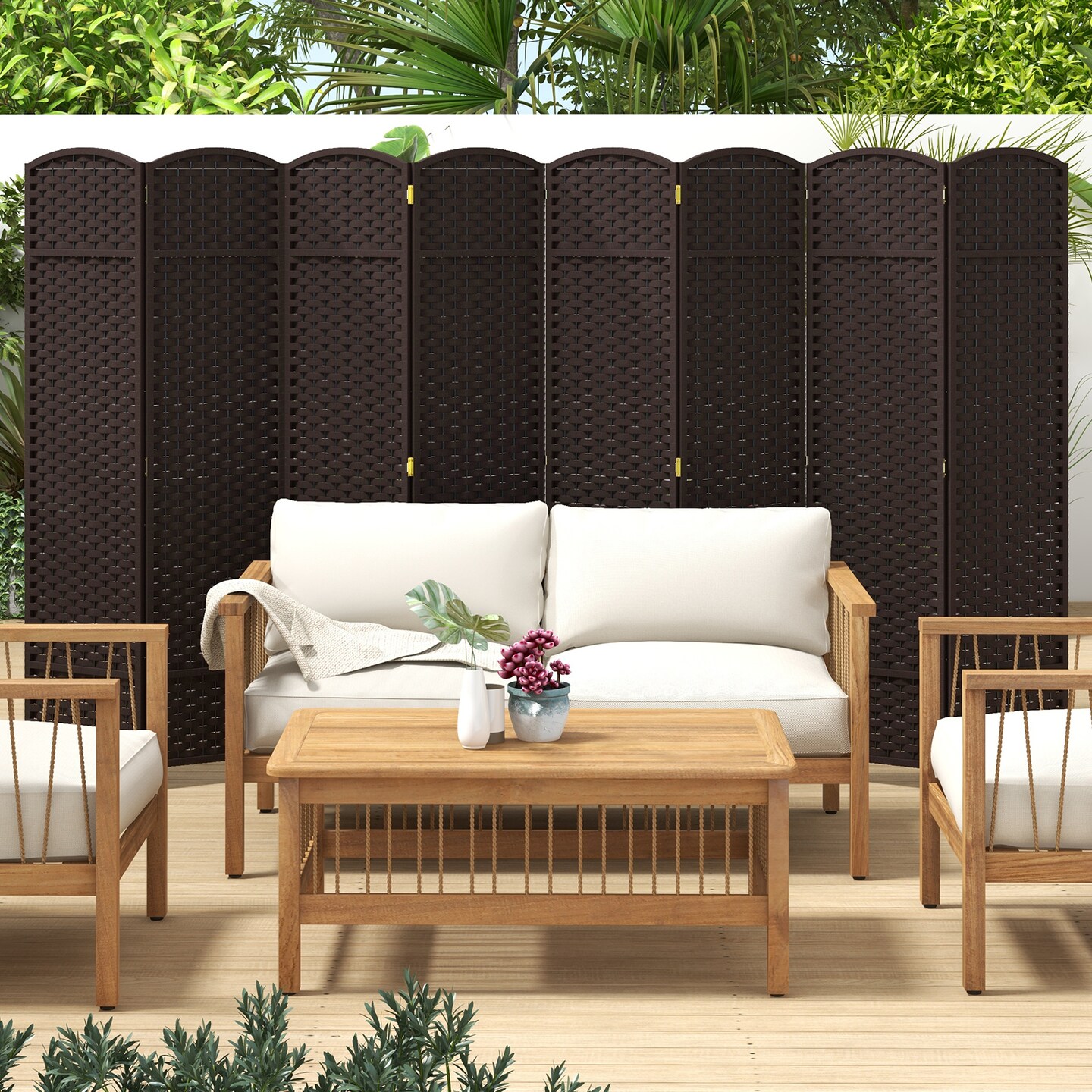 8-Panel Folding Room Divider with Hand-woven Texture and Wood Frame