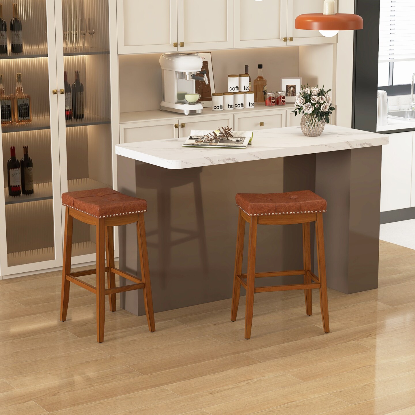 PU Leather Saddle Seat Bar Stools Set of 2, 25/29 Inch Upholstered Counter Height Chairs