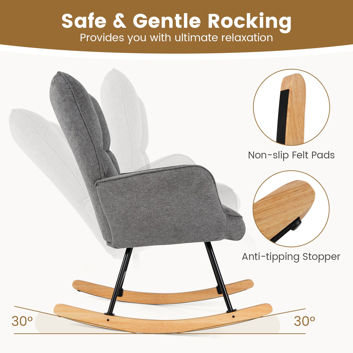 Modern Upholstered Rocking Arm Chair with High Backrest and Plush Seat
