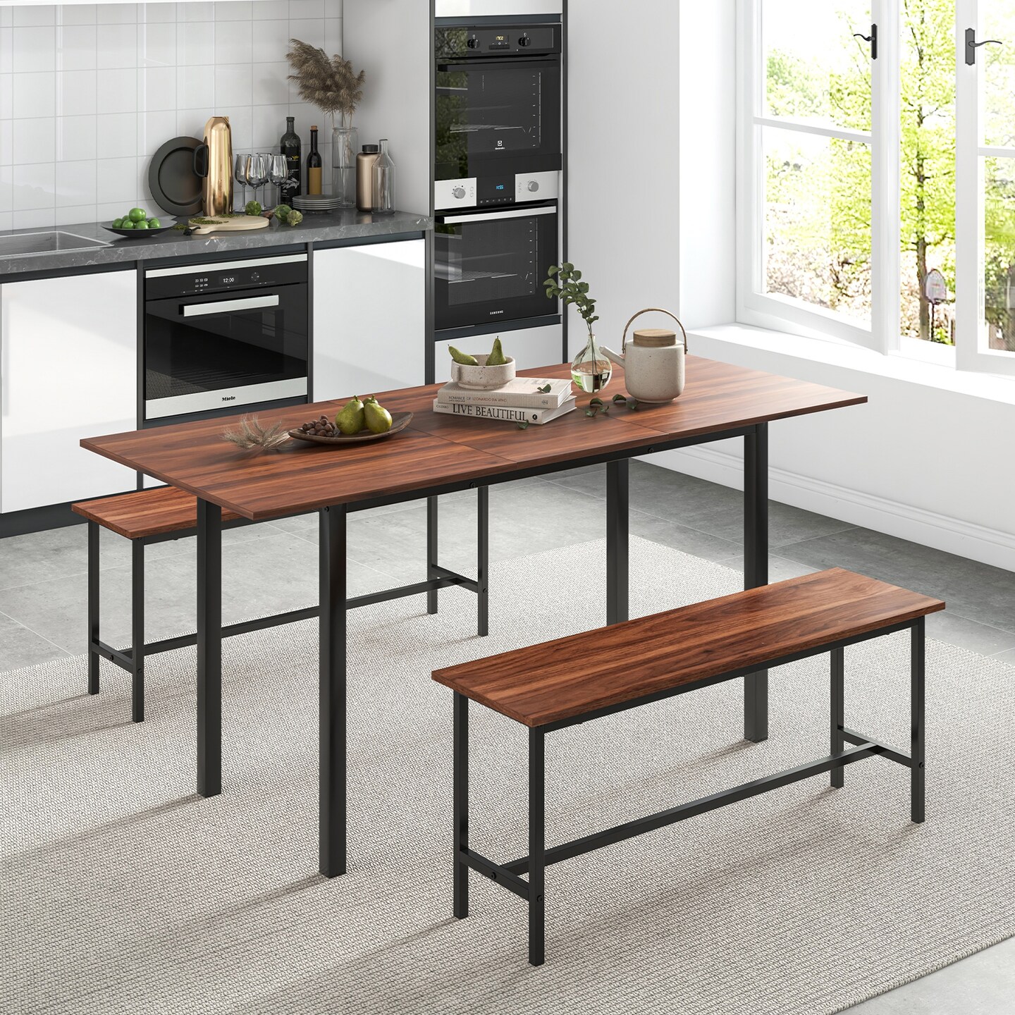 Modern Wooden 3 Piece Dining Table Set for 4-6 with 2 Benches – Sturdy, Space-Saving Design