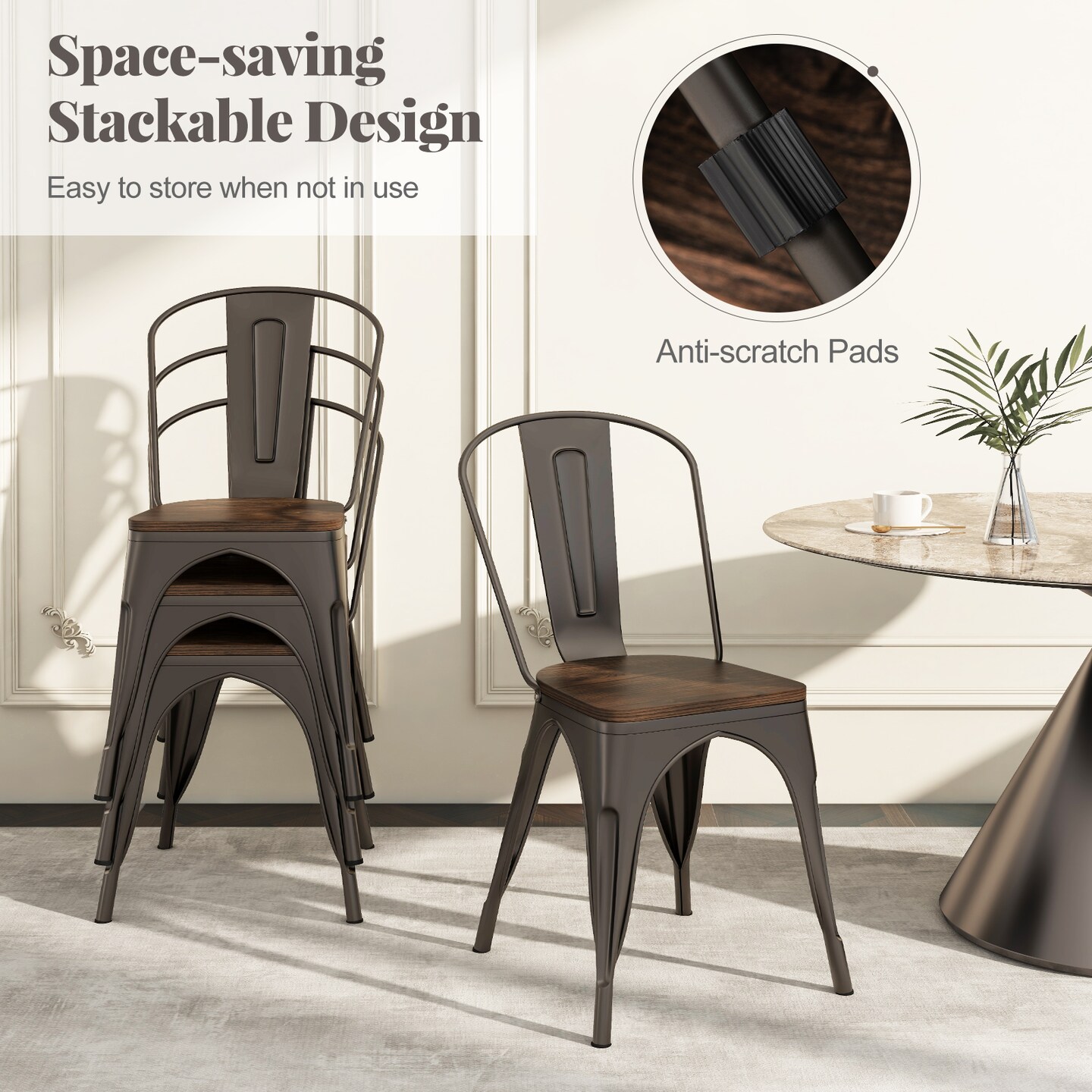 Metal Style Dining Chairs Set of 4, Stackable Kitchen Chairs with Wood Seat